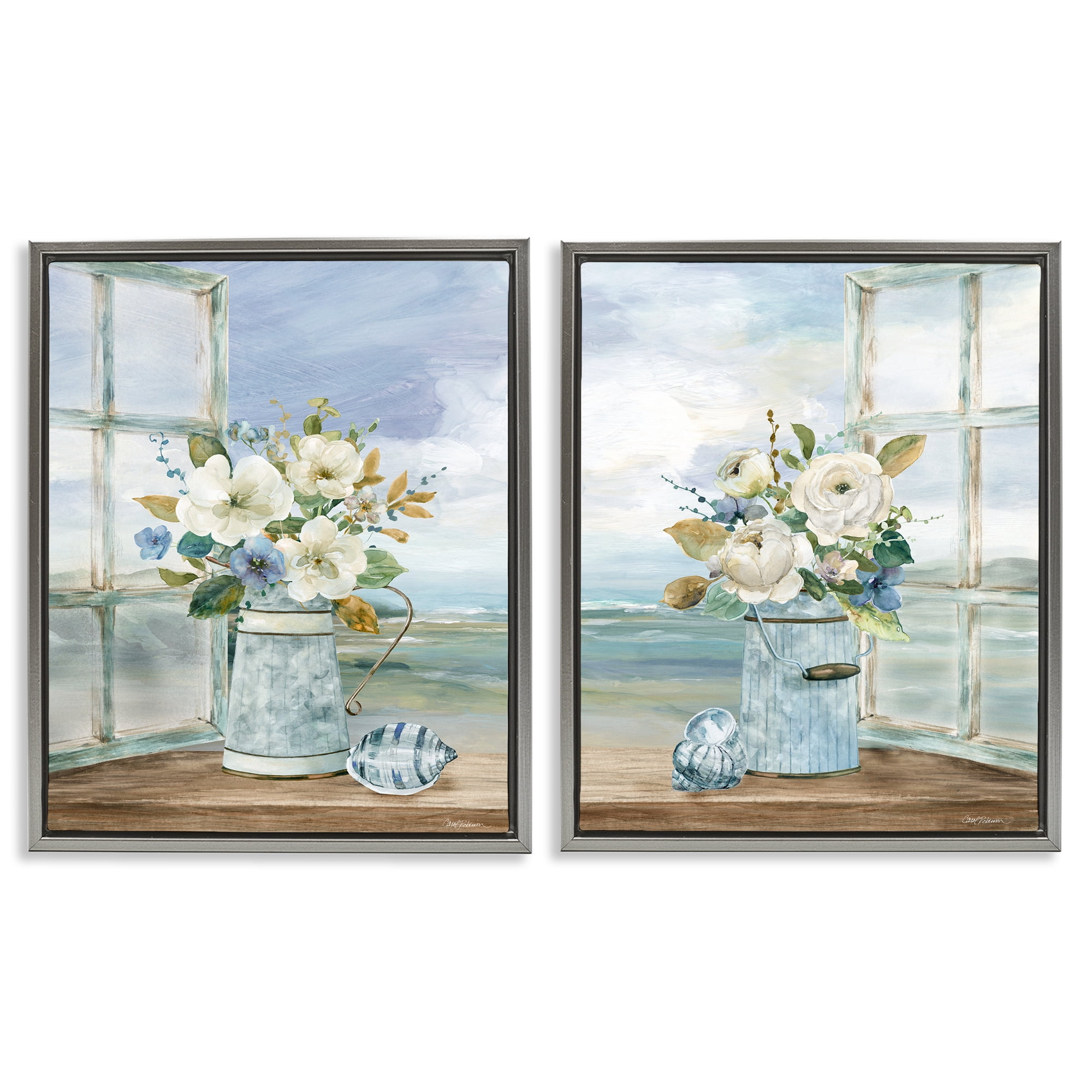 Stupell Industries Seaside Bouquets in Window 2 Piece Gray Framed Floater Canvas Set, design by Carol Robinson