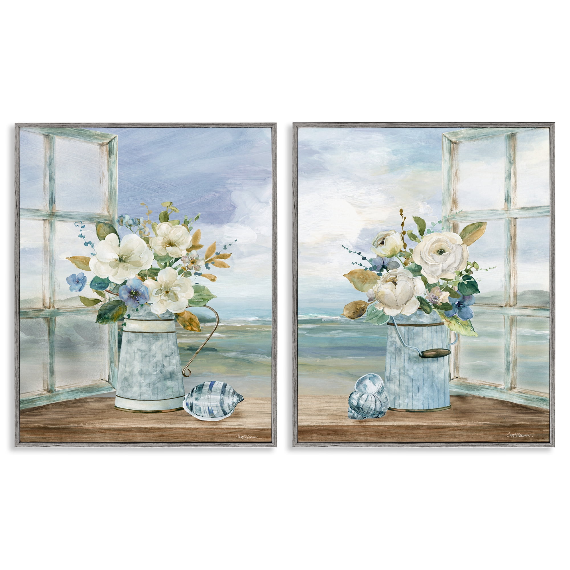 Stupell Industries Seaside Bouquets in Window 2 Piece Gray Framed Giclee Art Set, design by Carol Robinson