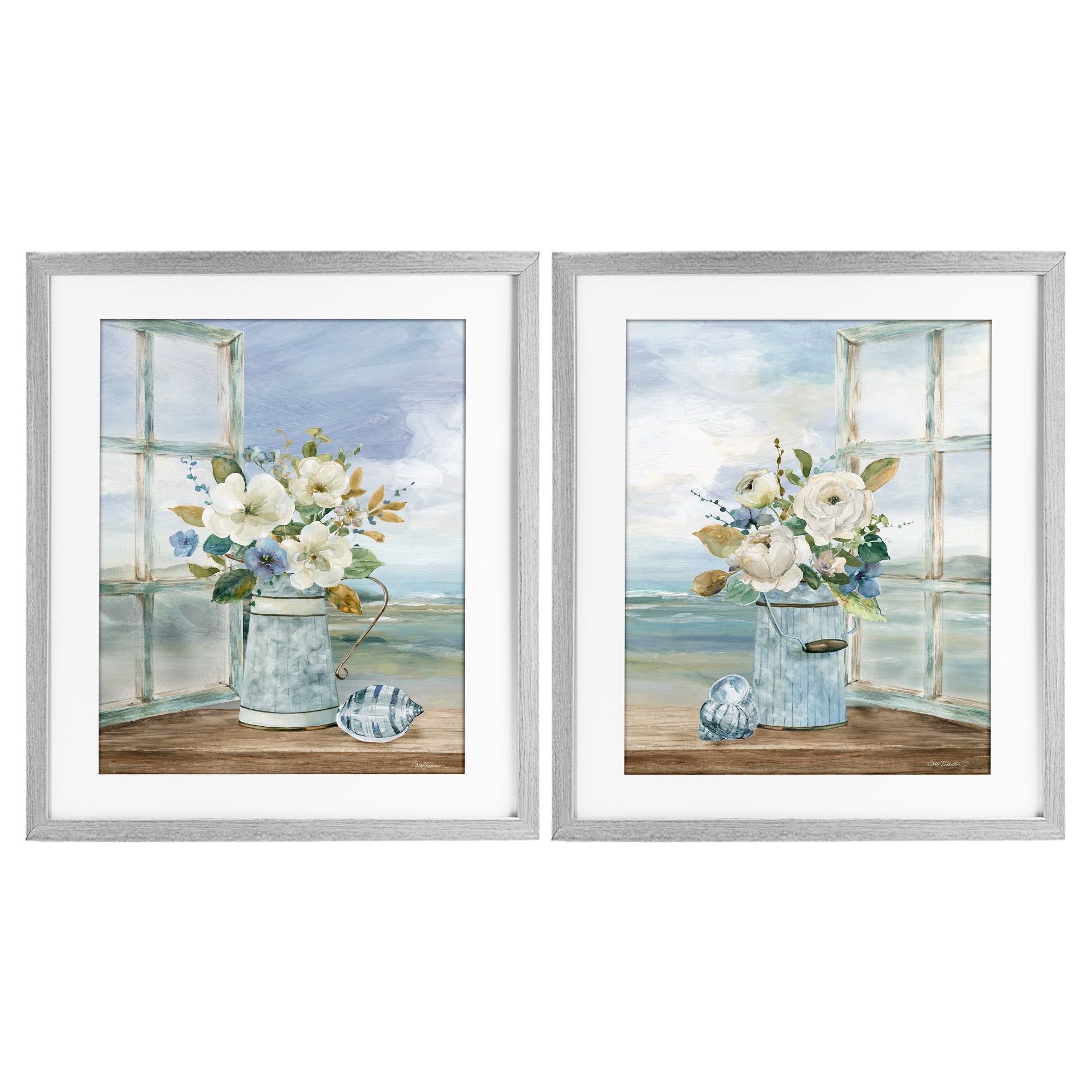Stupell Industries Seaside Bouquets in Window 2 Piece Gray Framed Print Under Glass Set, design by Carol Robinson