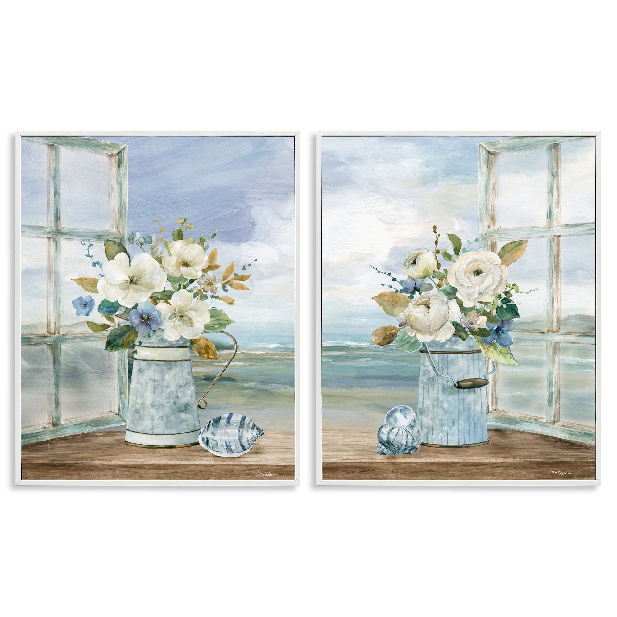 Stupell Industries Seaside Bouquets in Window 2 Piece White Framed Giclee Art Set, design by Carol Robinson
