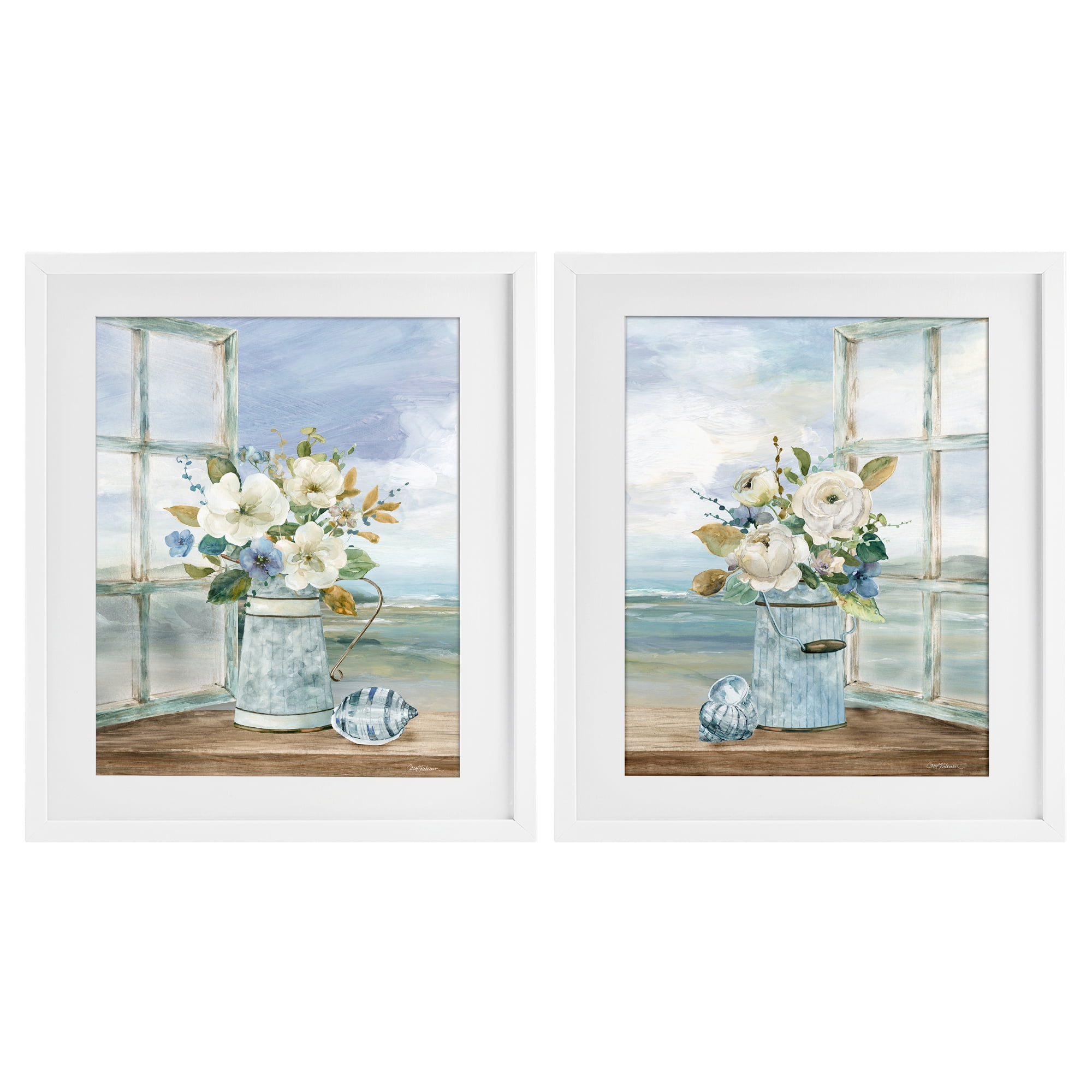 Stupell Industries Seaside Bouquets in Window 2 Piece White Framed Print Under Glass Set, design by Carol Robinson