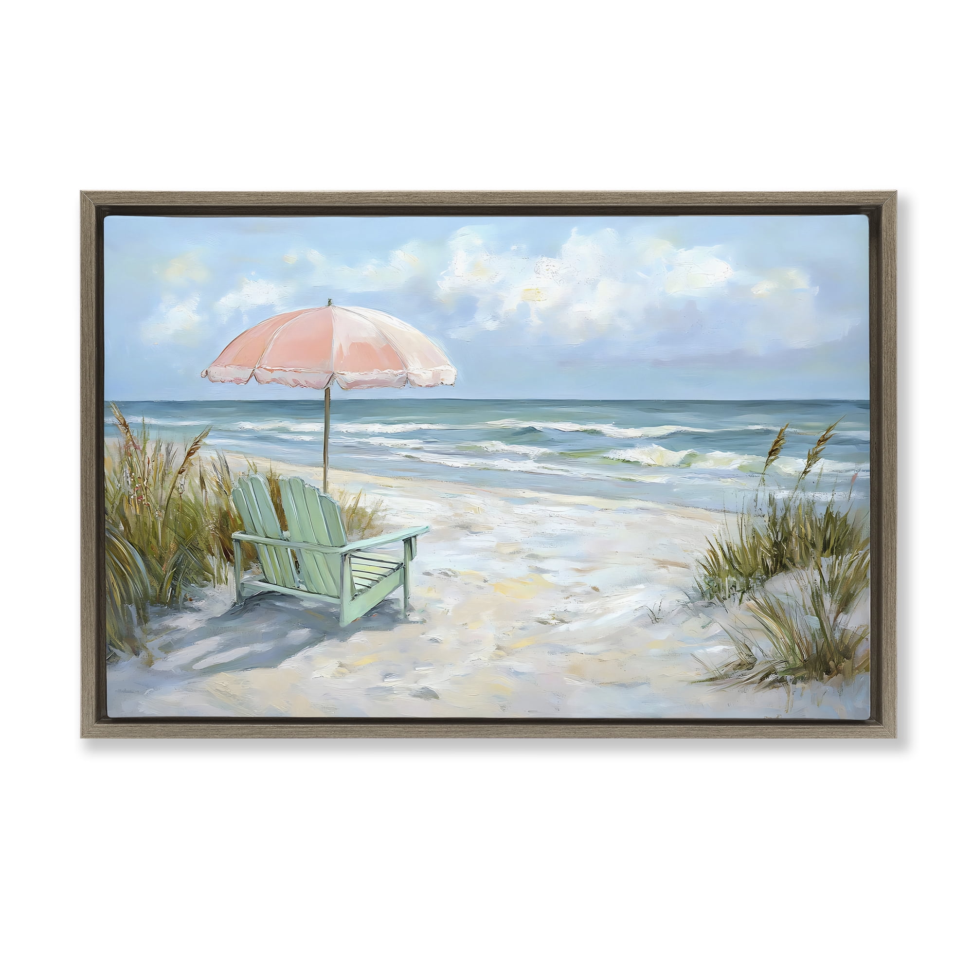 Stupell Industries Seaside Chair & Pink Umbrella Brown Framed Floater Canvas Wall Art, design by Creative Studio