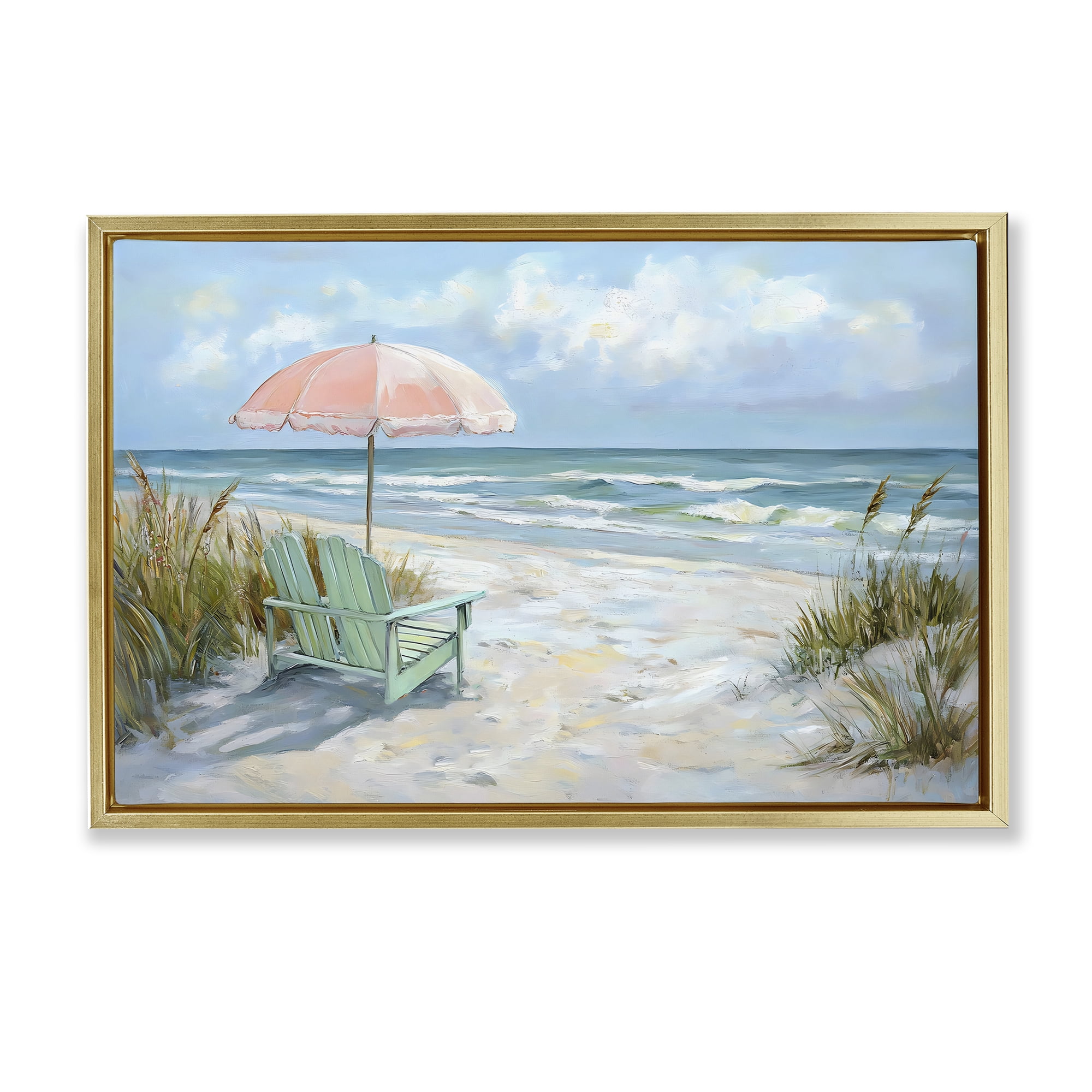 Stupell Industries Seaside Chair & Pink Umbrella Gold Framed Floater Canvas Wall Art, design by Creative Studio