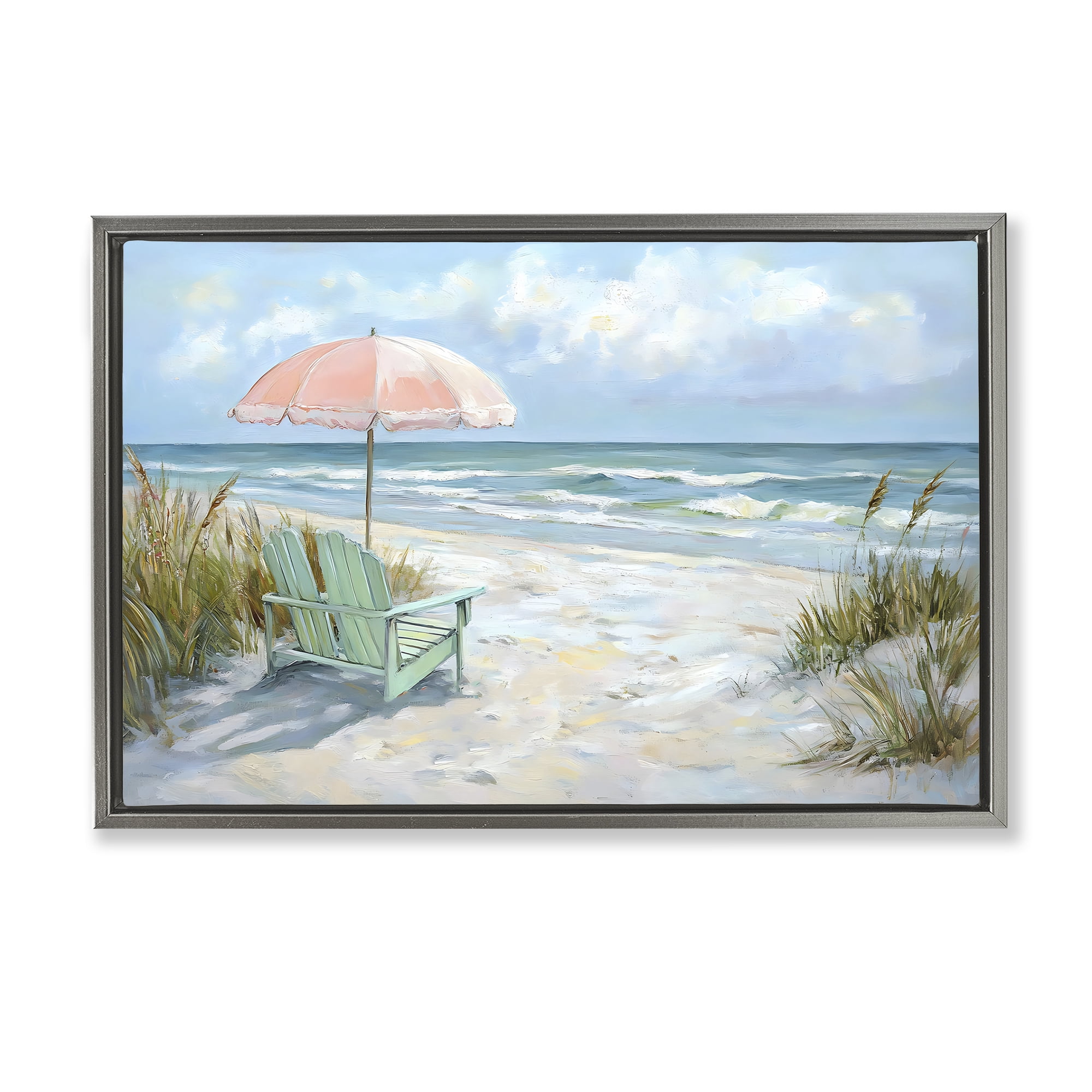 Stupell Industries Seaside Chair & Pink Umbrella Gray Framed Floater Canvas Wall Art, design by Creative Studio