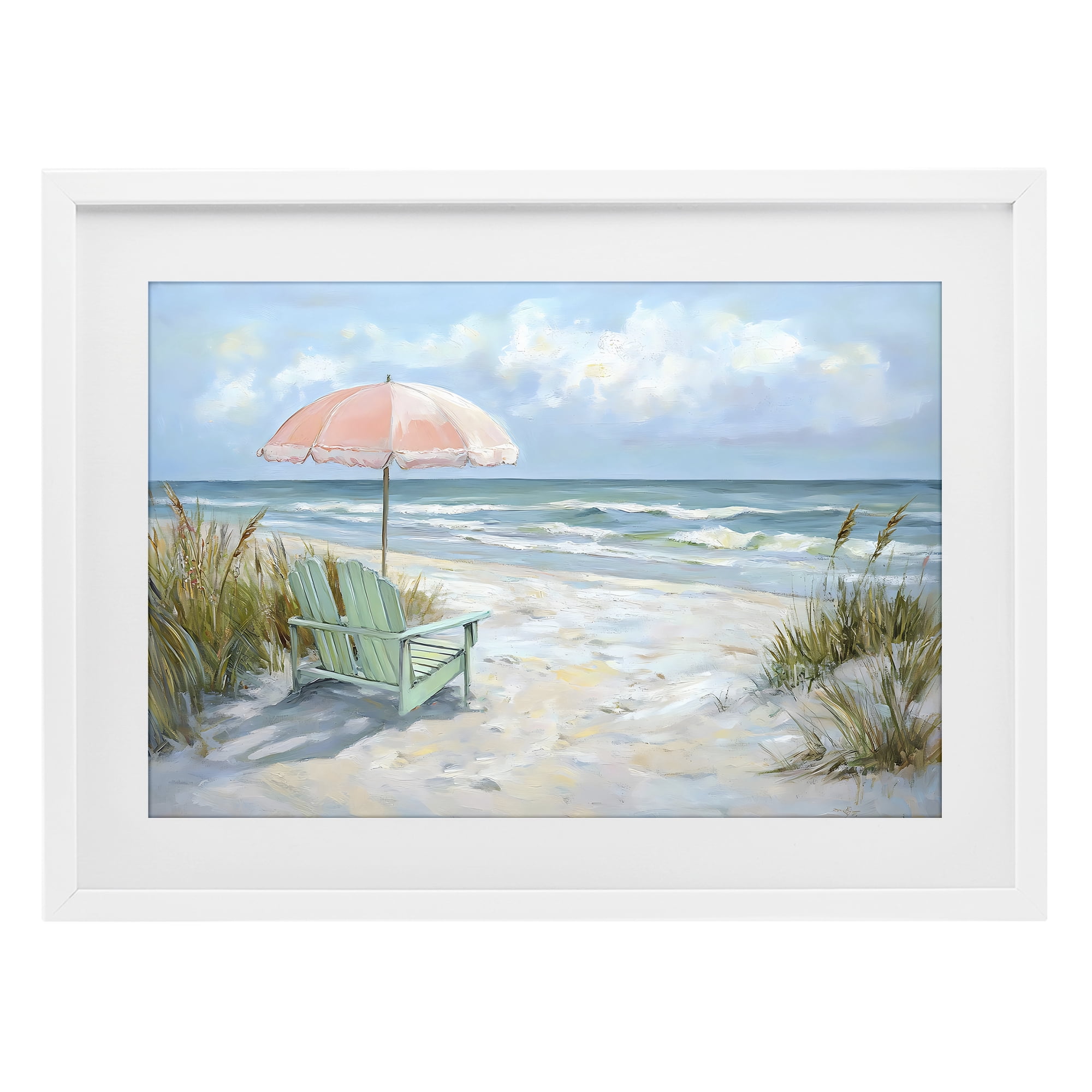 Stupell Industries Seaside Chair & Pink Umbrella White Framed Print Under Glass, design by Creative Studio