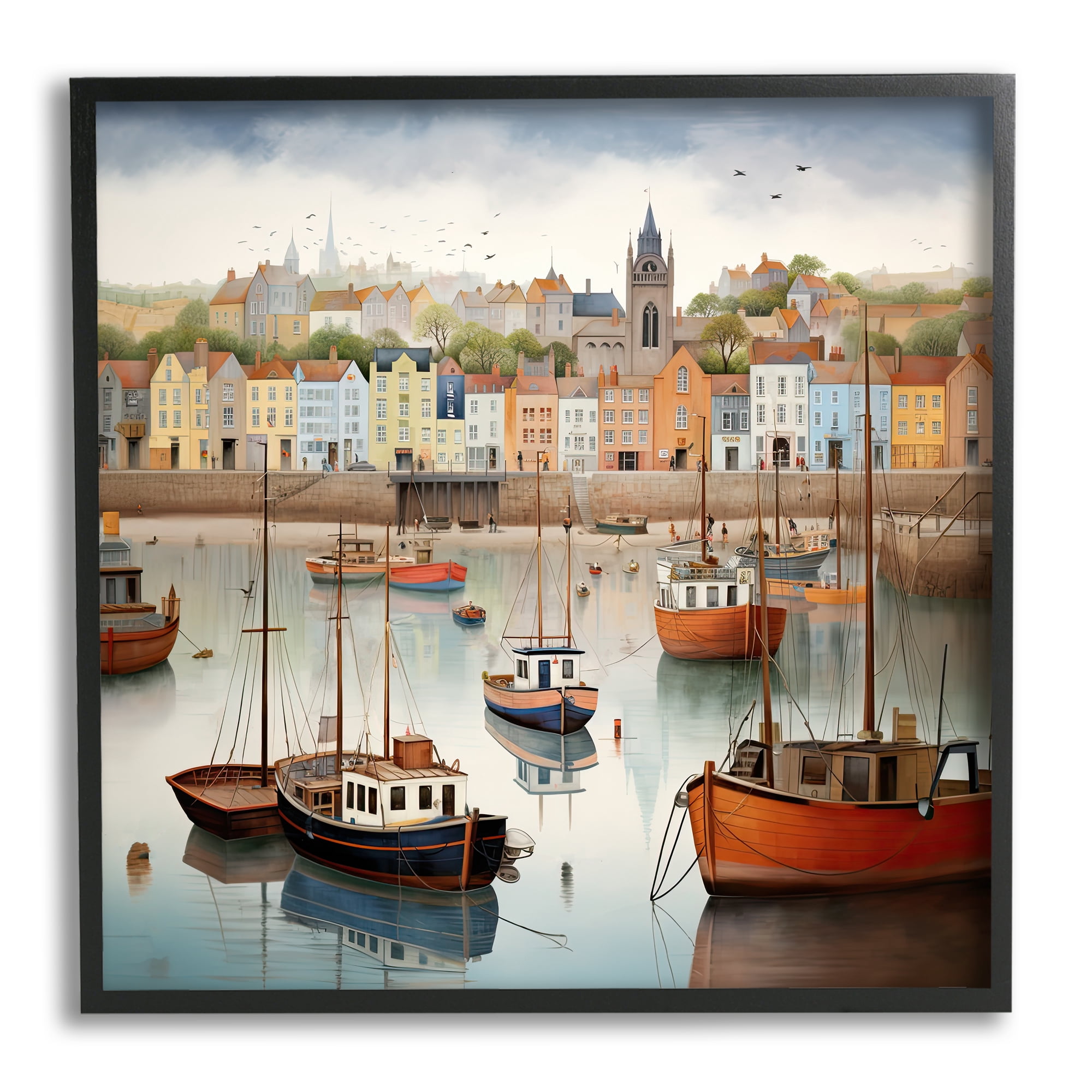 Stupell Industries Seaside City Harbor Transportation Painting Black Framed Art Print Wall Art, 12 x 12
