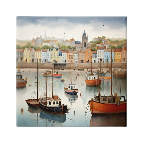 Stupell Industries Seaside City Harbor Transportation Painting Gallery Wrapped Canvas Art Print Wall Art, 17 x 17