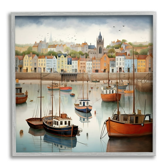 Stupell Industries Seaside City Harbor Transportation Painting Gray Framed Art Print Wall Art, 17 x 17