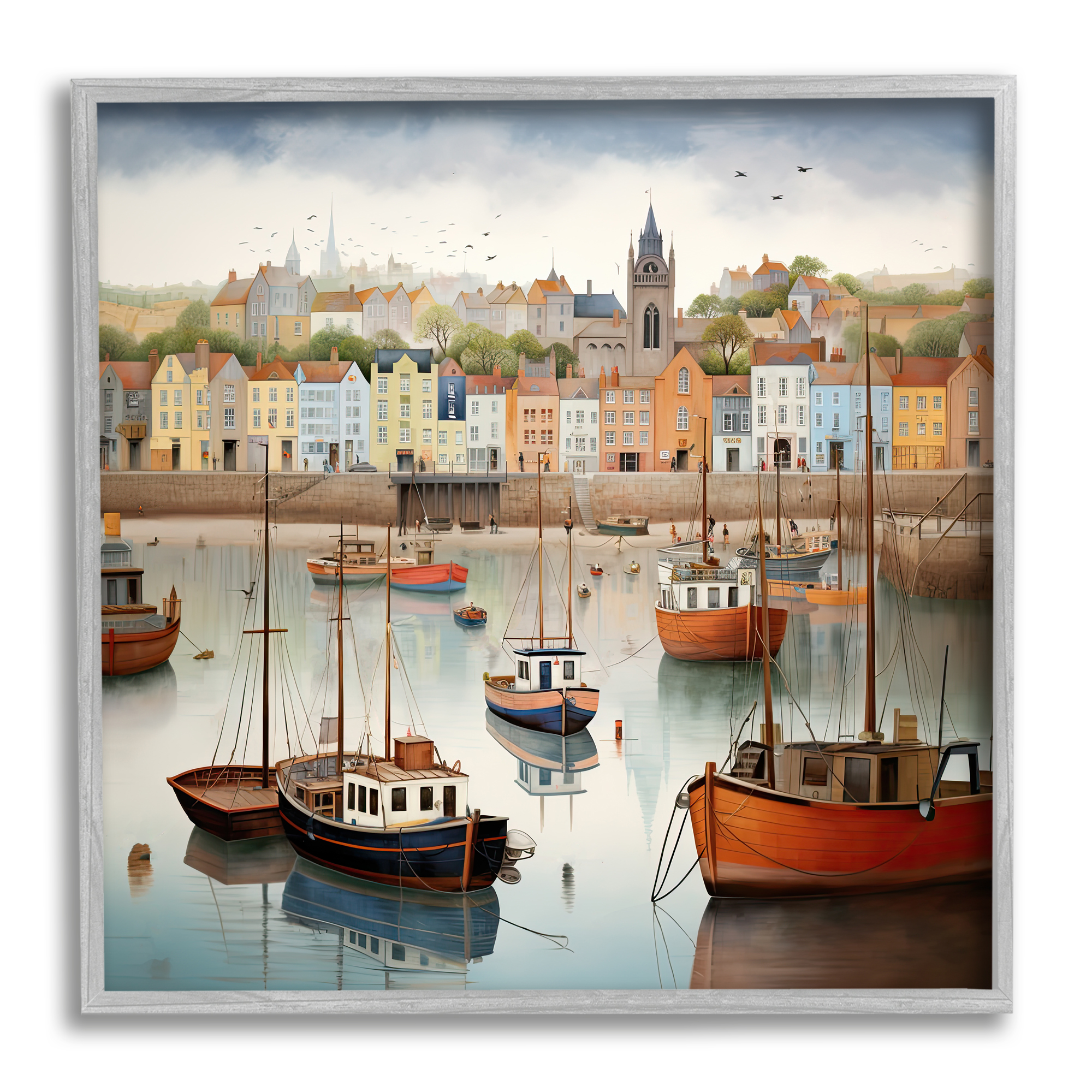 Stupell Industries Seaside City Harbor Transportation Painting Gray Framed Art Print Wall Art, 24 x 24