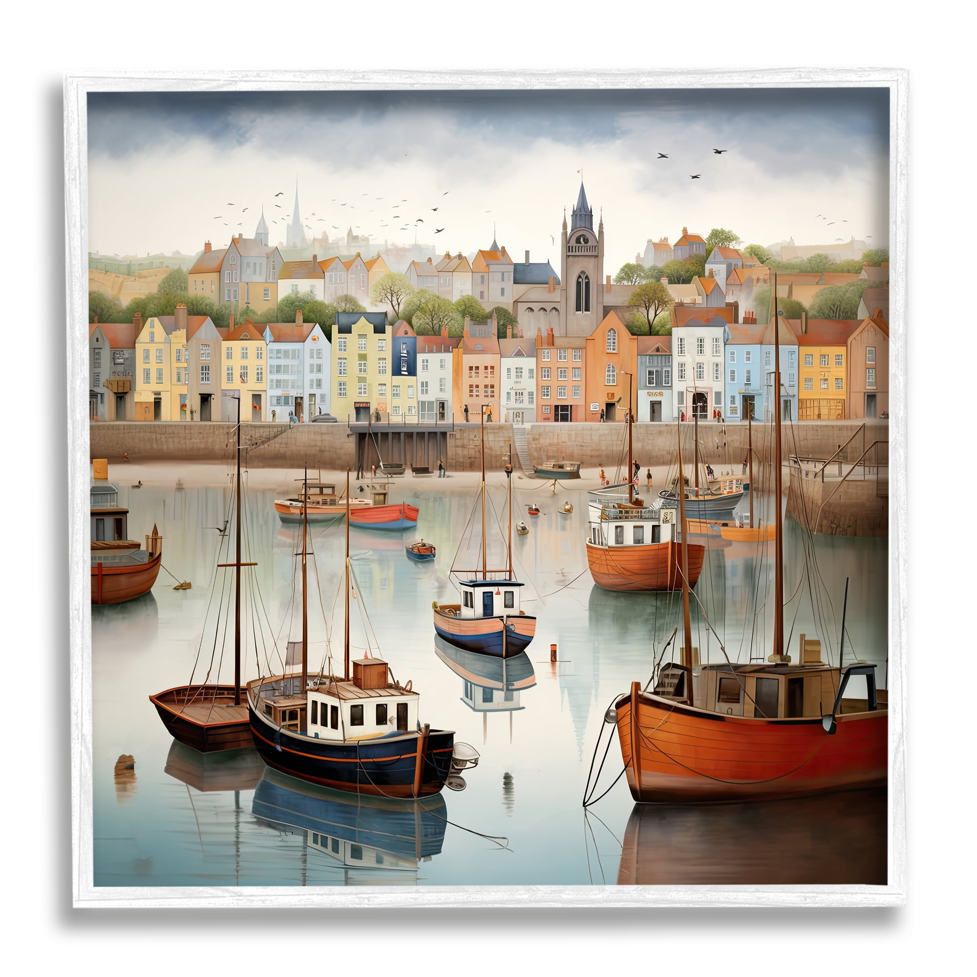 Stupell Industries Seaside City Harbor Transportation Painting White Framed Art Print Wall Art, 17 x 17