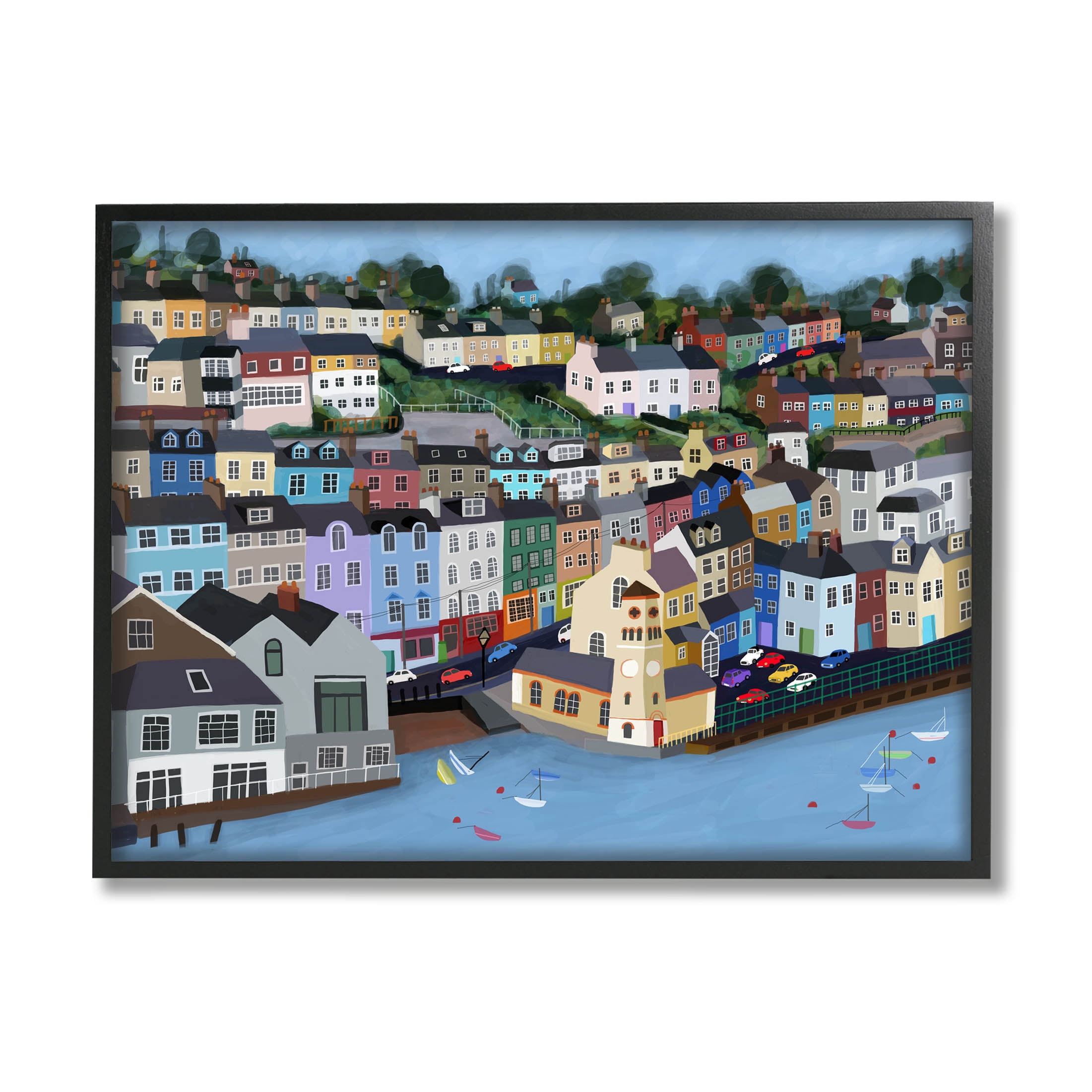 Stupell Industries Seaside City Neighborhood Streets Graphic Art Black Framed Art Print Wall Art, Design by Carla Daly