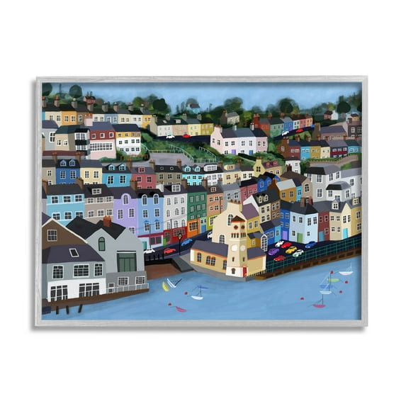 Stupell Industries Seaside City Neighborhood Streets Graphic Art Gray Framed Art Print Wall Art, Design by Carla Daly