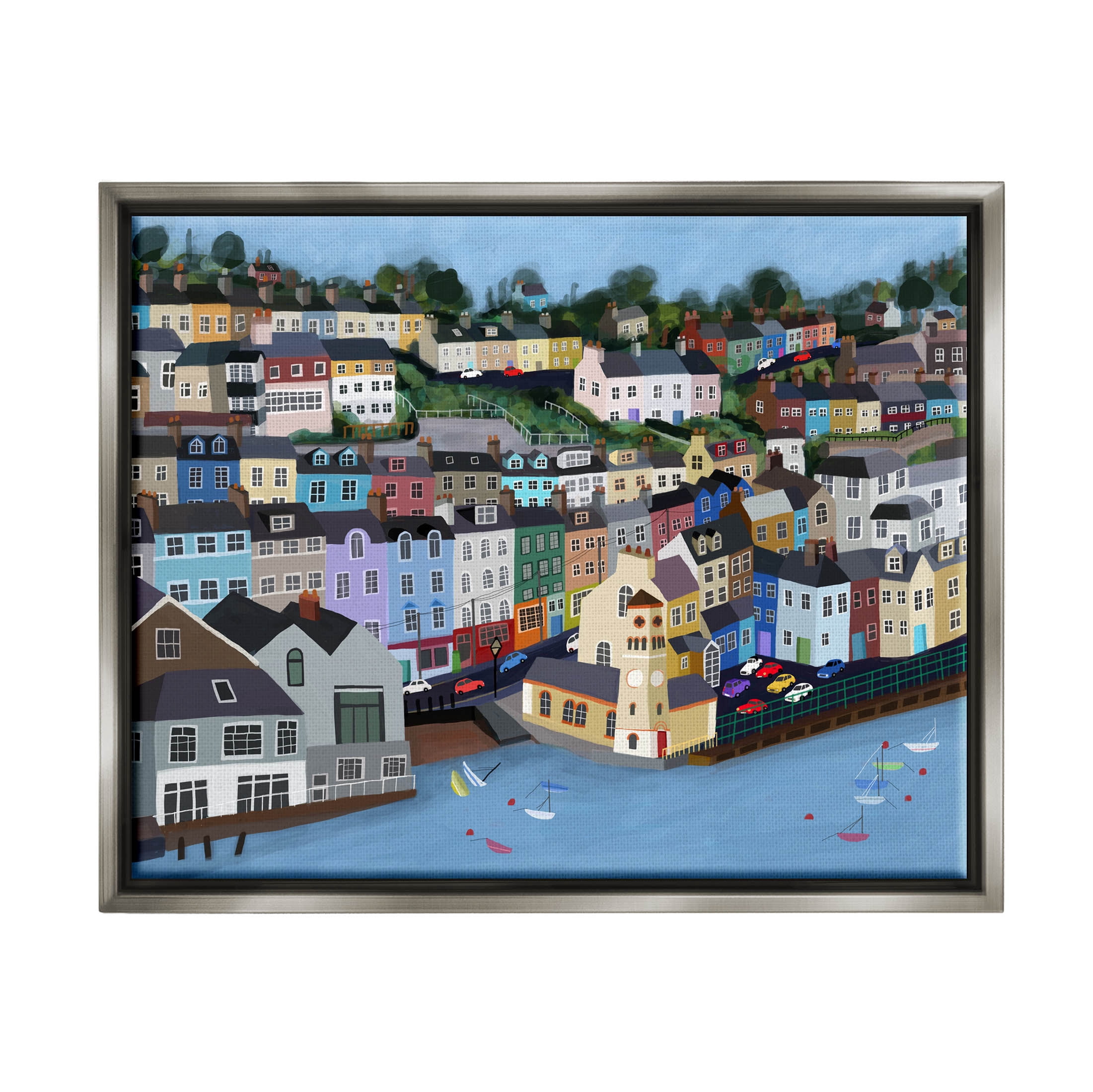 Stupell Industries Seaside City Neighborhood Streets Graphic Art Luster Gray Floating Framed Canvas Print Wall Art, Design by Carla Daly