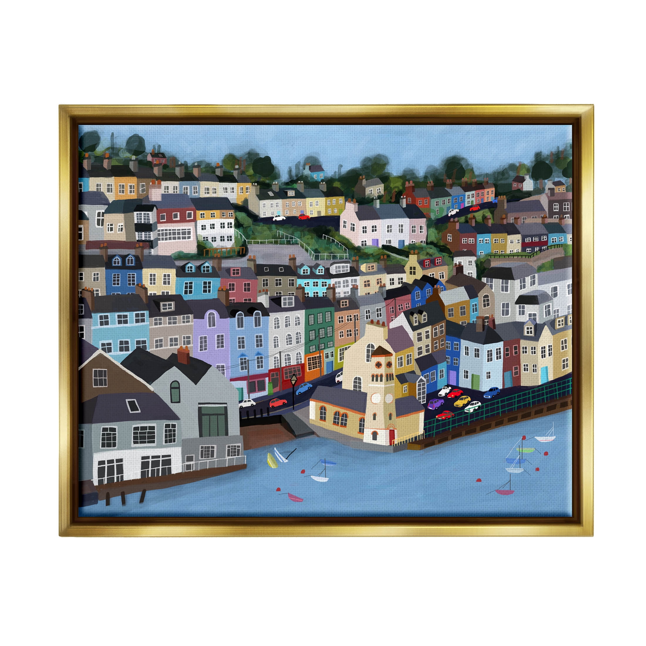 Stupell Industries Seaside City Neighborhood Streets Graphic Art Metallic Gold Floating Framed Canvas Print Wall Art, Design by Carla Daly