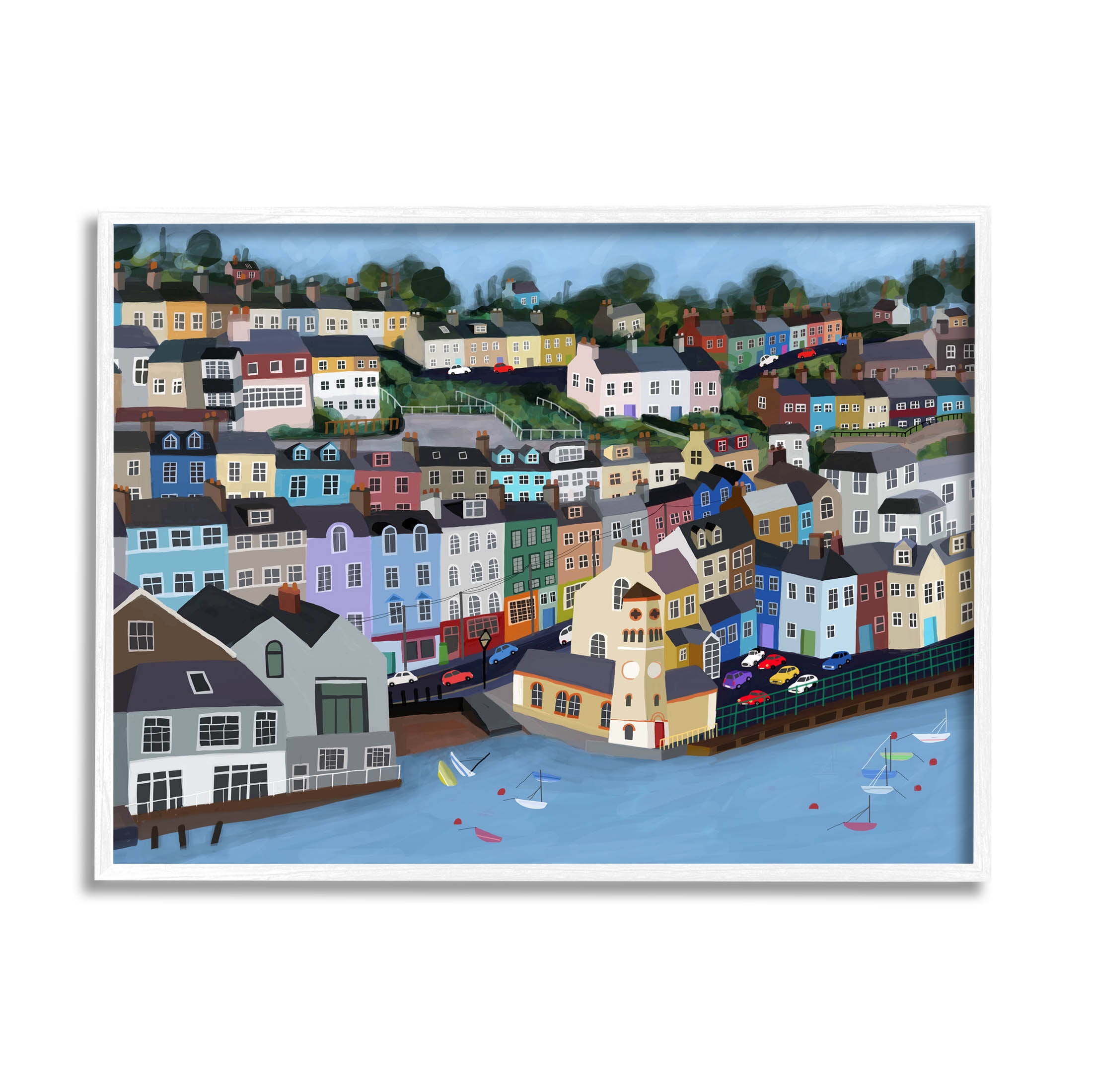 Stupell Industries Seaside City Neighborhood Streets Graphic Art White Framed Art Print Wall Art, Design by Carla Daly