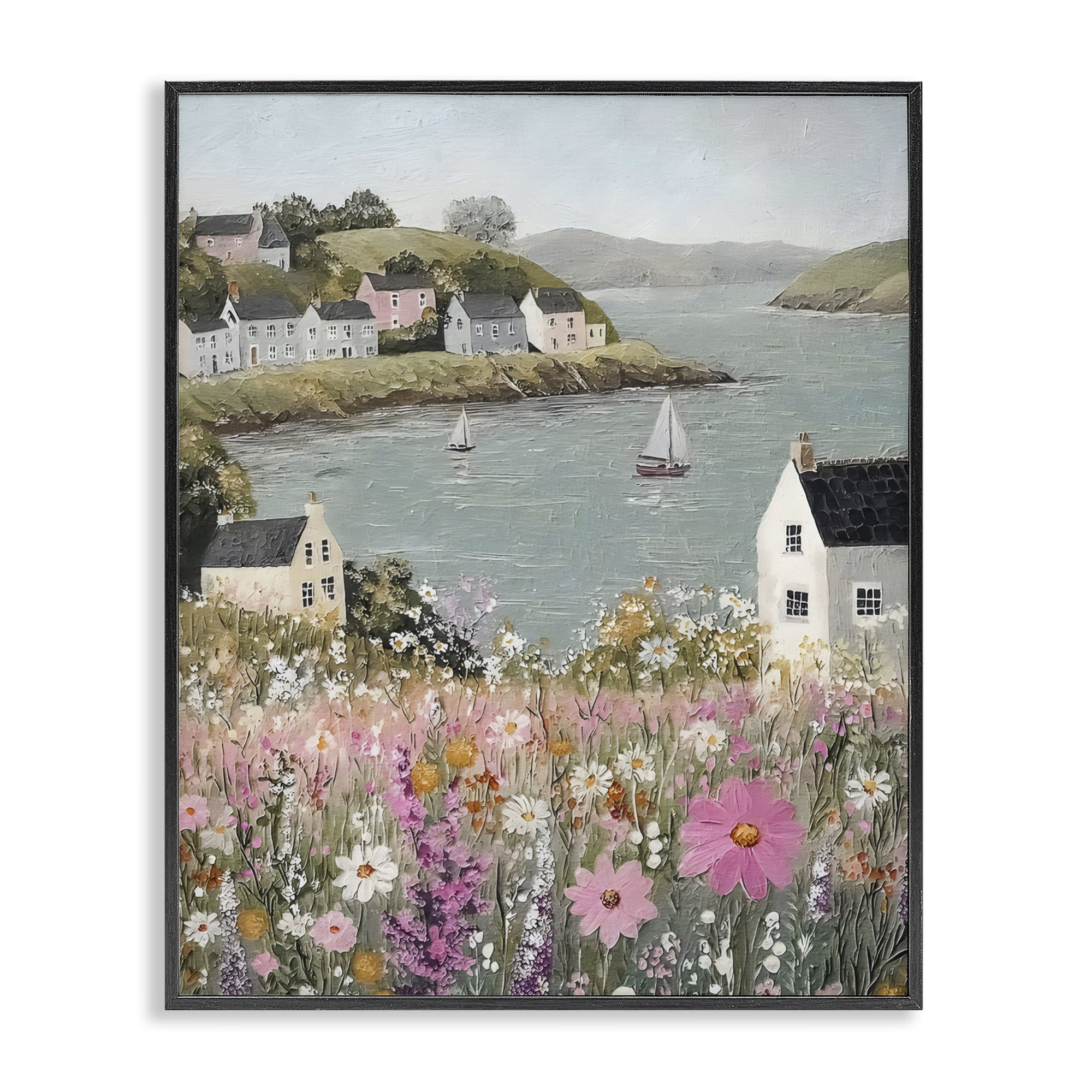 Stupell Industries Seaside Cottages & Sailboats Black Framed Giclee Art, design by Riley B