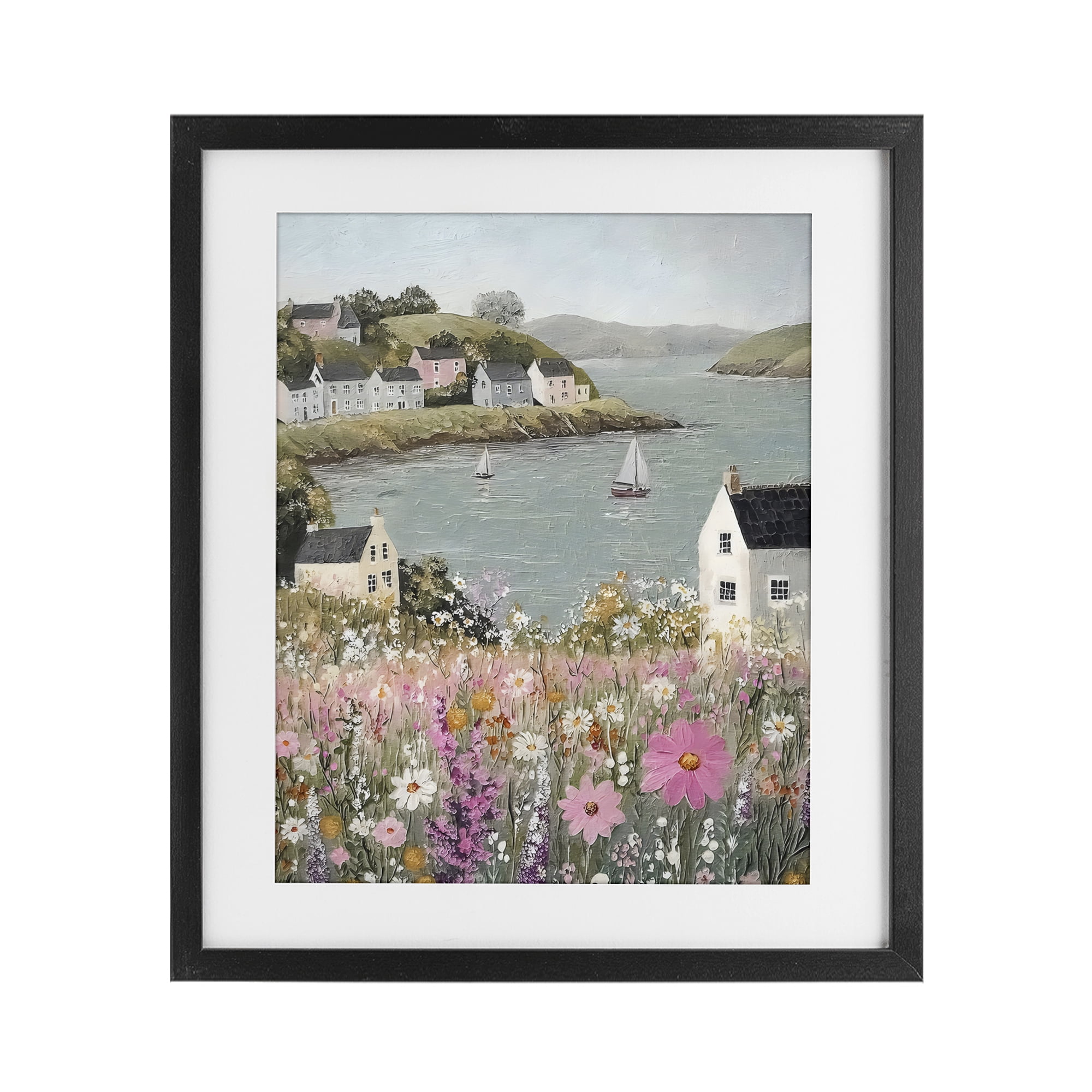 Stupell Industries Seaside Cottages & Sailboats Black Framed Print Under Glass, design by Riley B