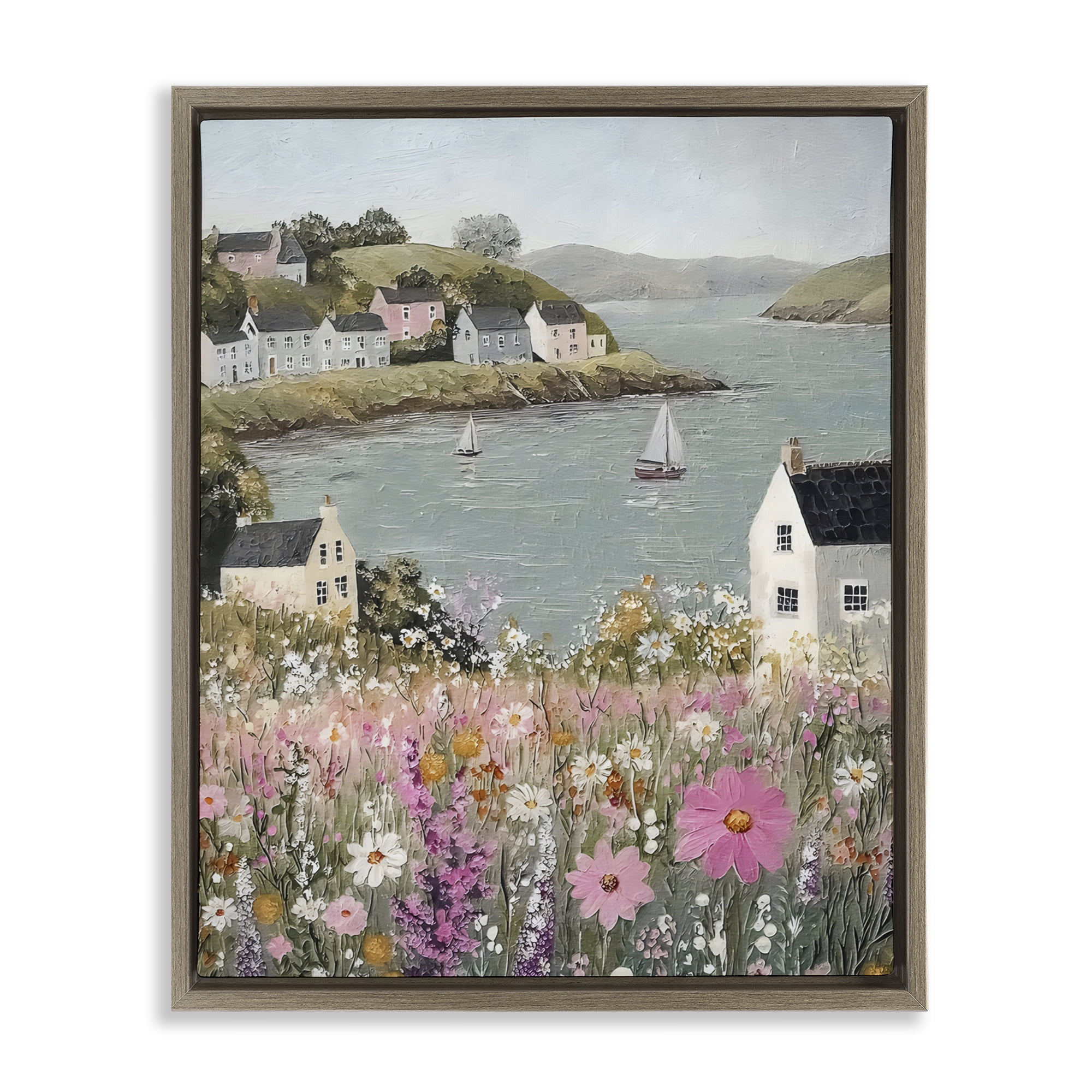Stupell Industries Seaside Cottages & Sailboats Brown Framed Floater Canvas Wall Art, design by Riley B