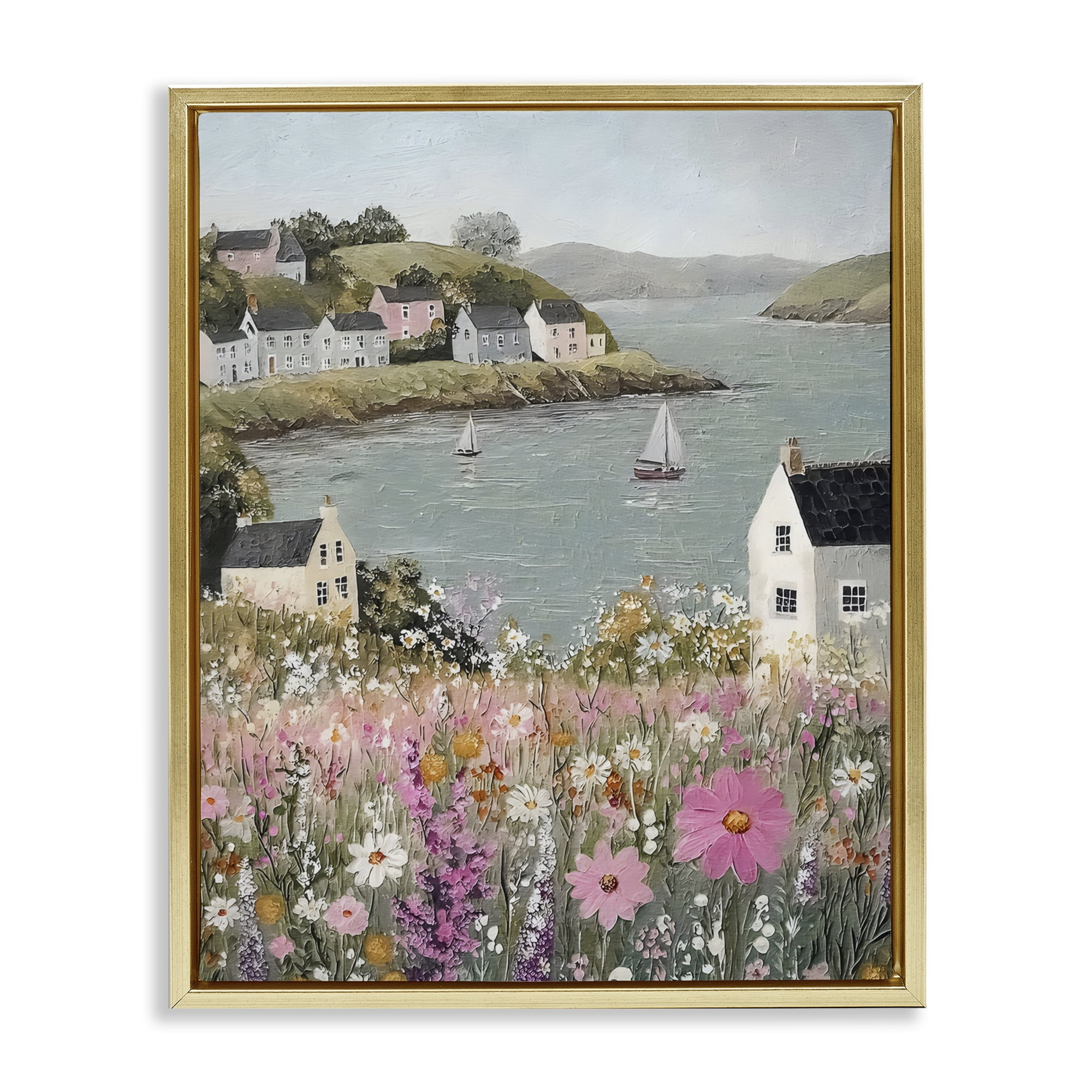 Stupell Industries Seaside Cottages & Sailboats Gold Framed Floater Canvas Wall Art, design by Riley B