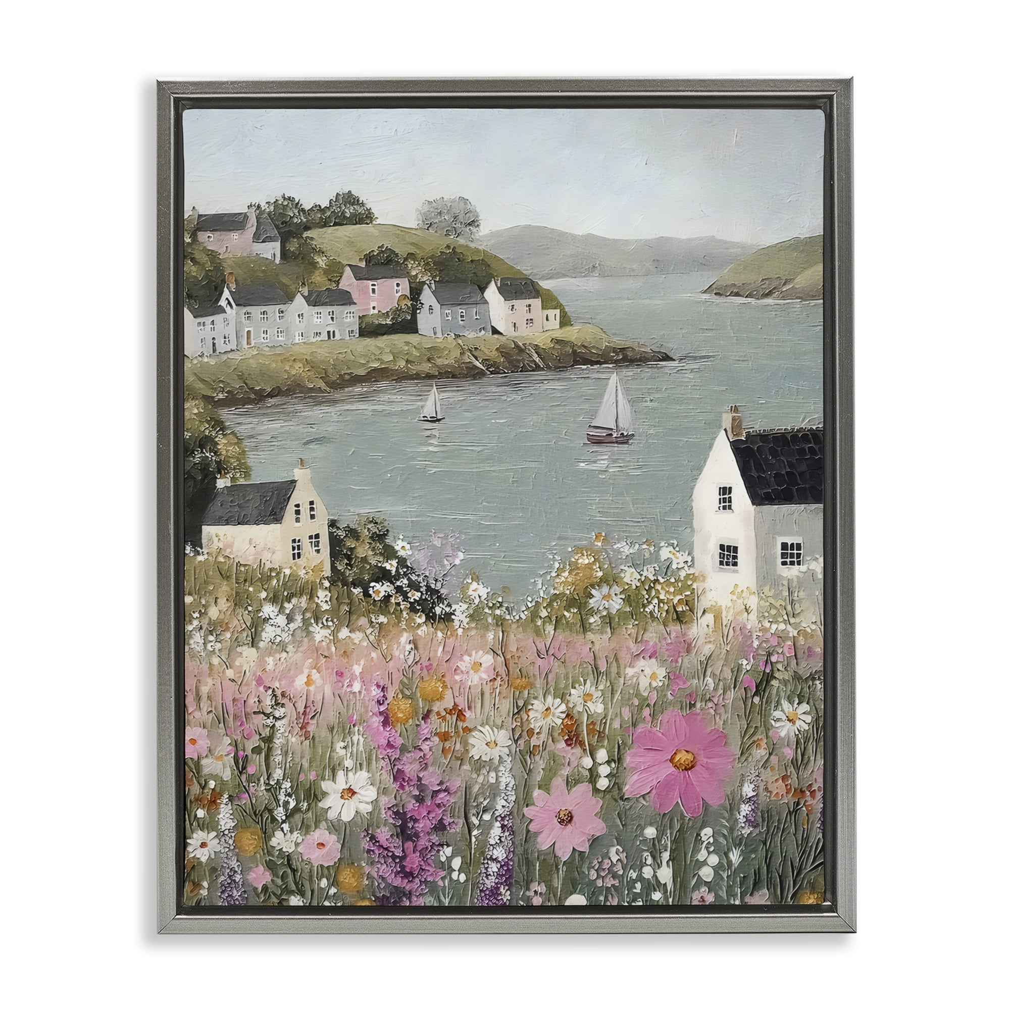 Stupell Industries Seaside Cottages & Sailboats Gray Framed Floater Canvas Wall Art, design by Riley B