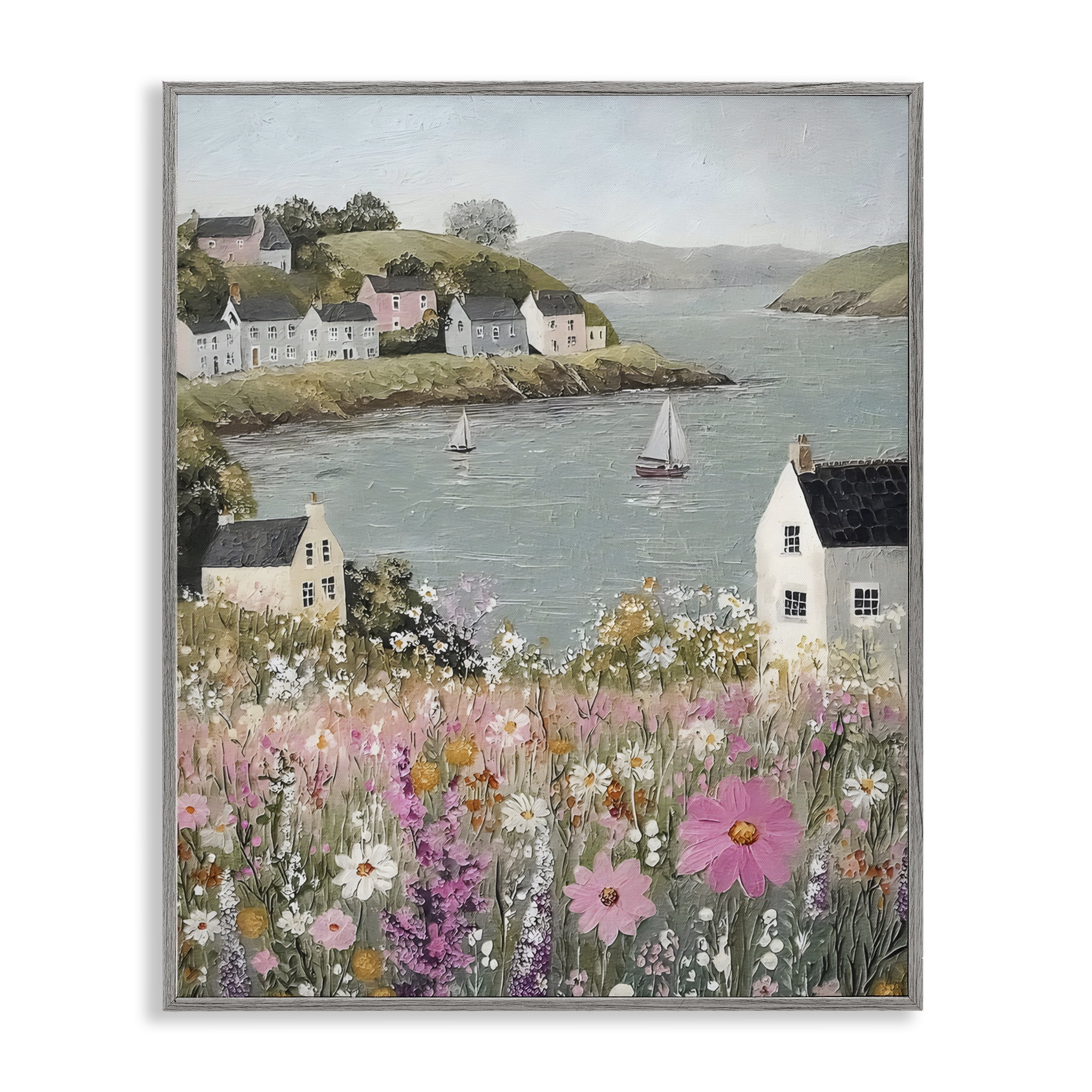 Stupell Industries Seaside Cottages & Sailboats Gray Framed Giclee Art, design by Riley B