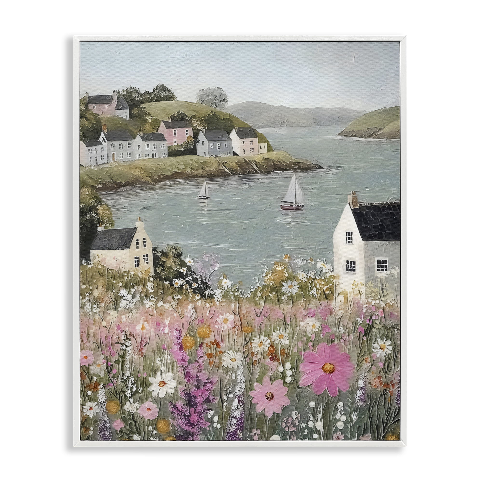 Stupell Industries Seaside Cottages & Sailboats White Framed Giclee Art, design by Riley B
