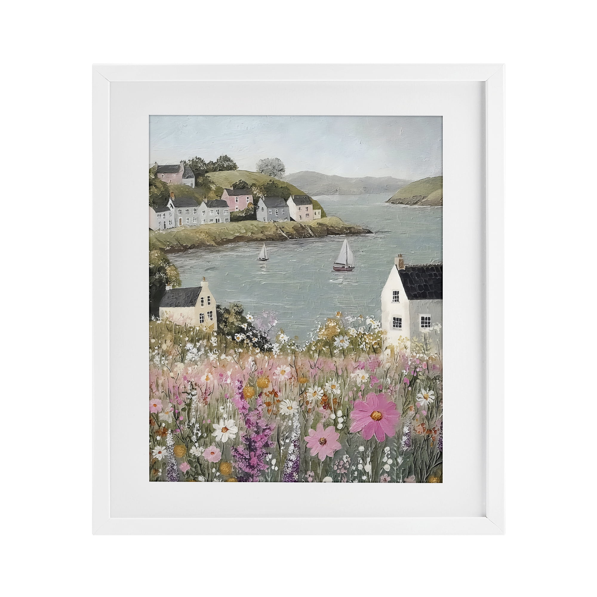 Stupell Industries Seaside Cottages & Sailboats White Framed Print Under Glass, design by Riley B