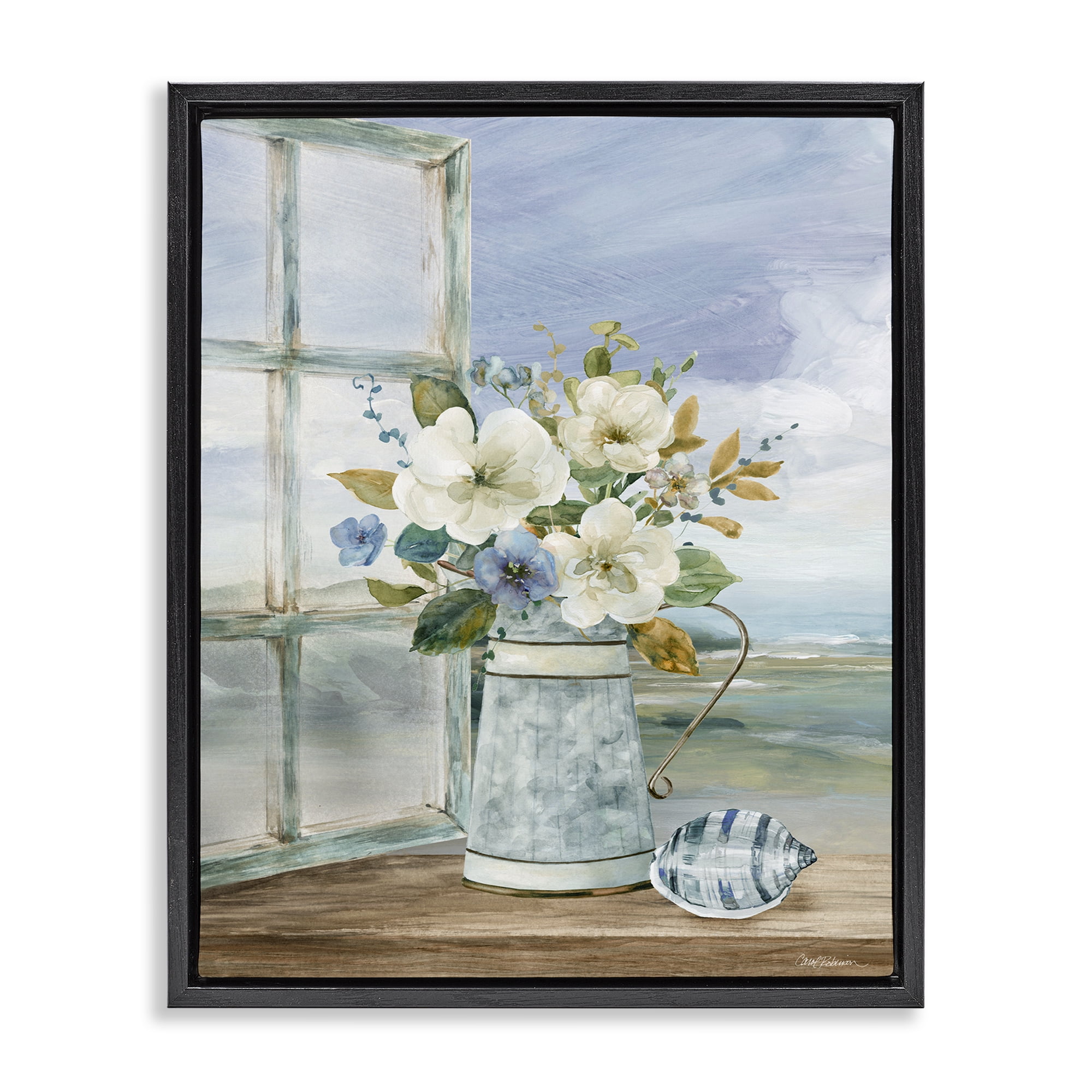 Stupell Industries Seaside Floral Bouquet Window Black Framed Floater Canvas Wall Art, design by Carol Robinson