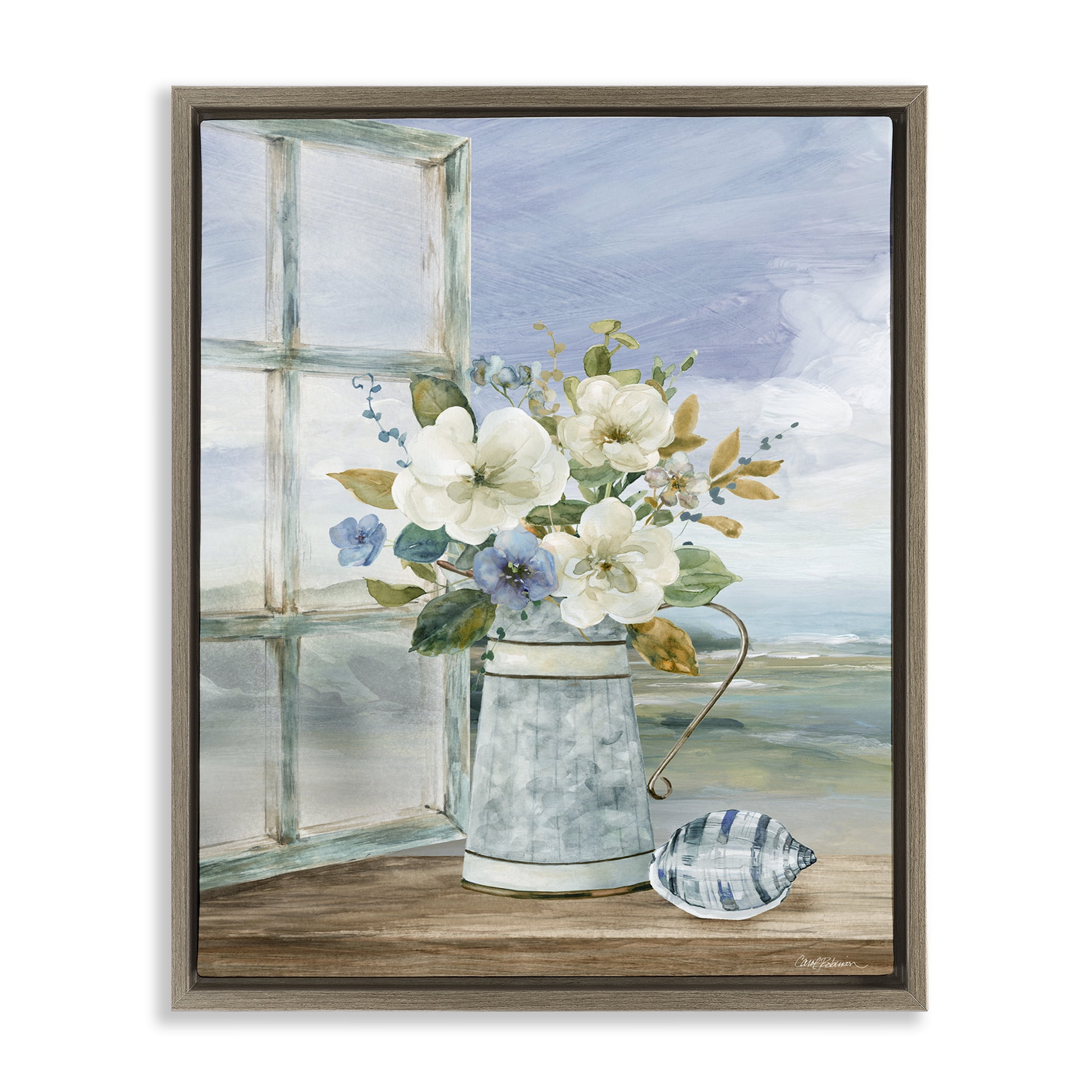 Stupell Industries Seaside Floral Bouquet Window Brown Framed Floater Canvas Wall Art, design by Carol Robinson