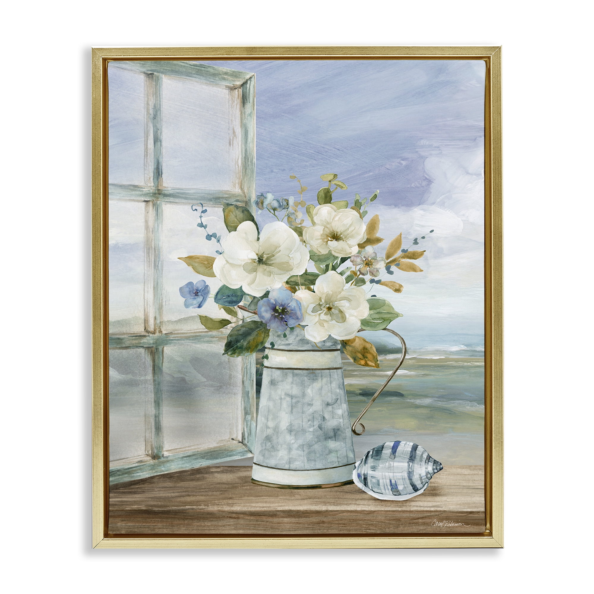 Stupell Industries Seaside Floral Bouquet Window Gold Framed Floater Canvas Wall Art, design by Carol Robinson