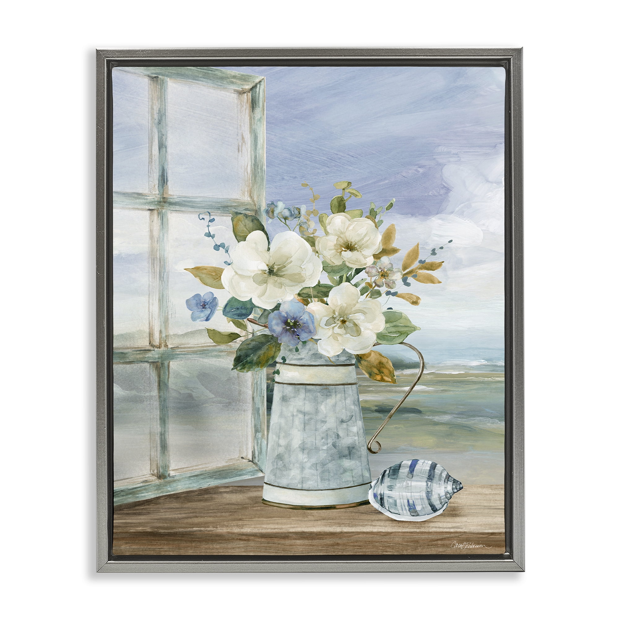 Stupell Industries Seaside Floral Bouquet Window Gray Framed Floater Canvas Wall Art, design by Carol Robinson