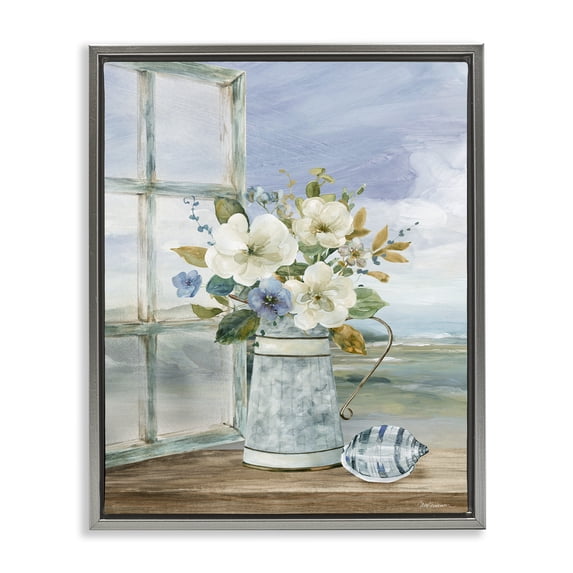 Stupell Industries French Country Seaside Floral Bouquet Window Gray Floating Frame Canvas Art, 17 x 21, by Carol Robinson