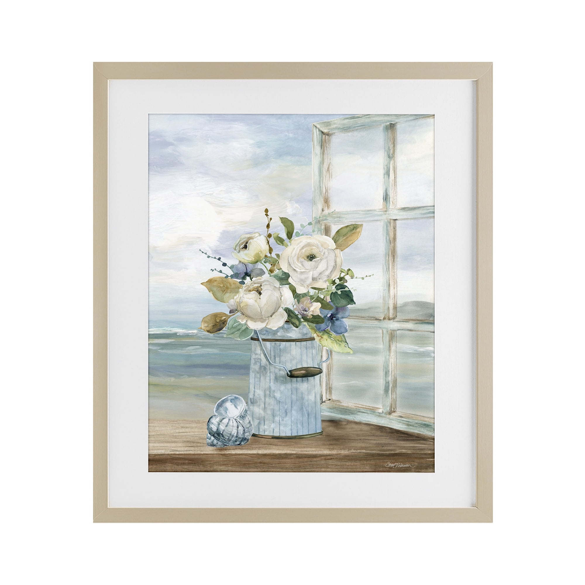 Stupell Industries Seaside Florals on Windowsill Birch Framed Print Under Glass, design by Carol Robinson