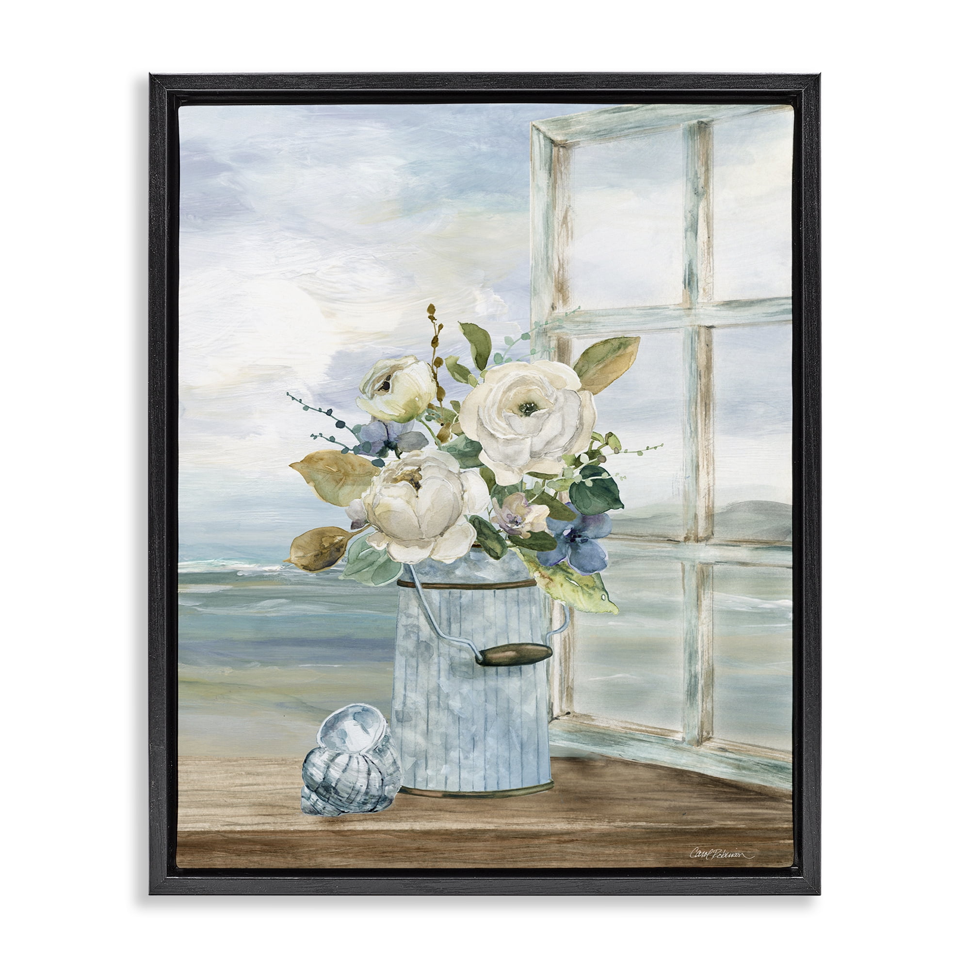 Stupell Industries Seaside Florals on Windowsill Black Framed Floater Canvas Wall Art, design by Carol Robinson