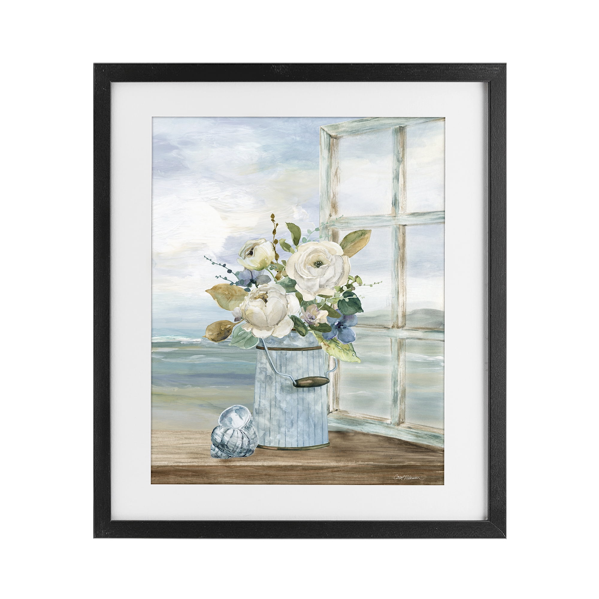 Stupell Industries Seaside Florals on Windowsill Black Framed Print Under Glass, design by Carol Robinson