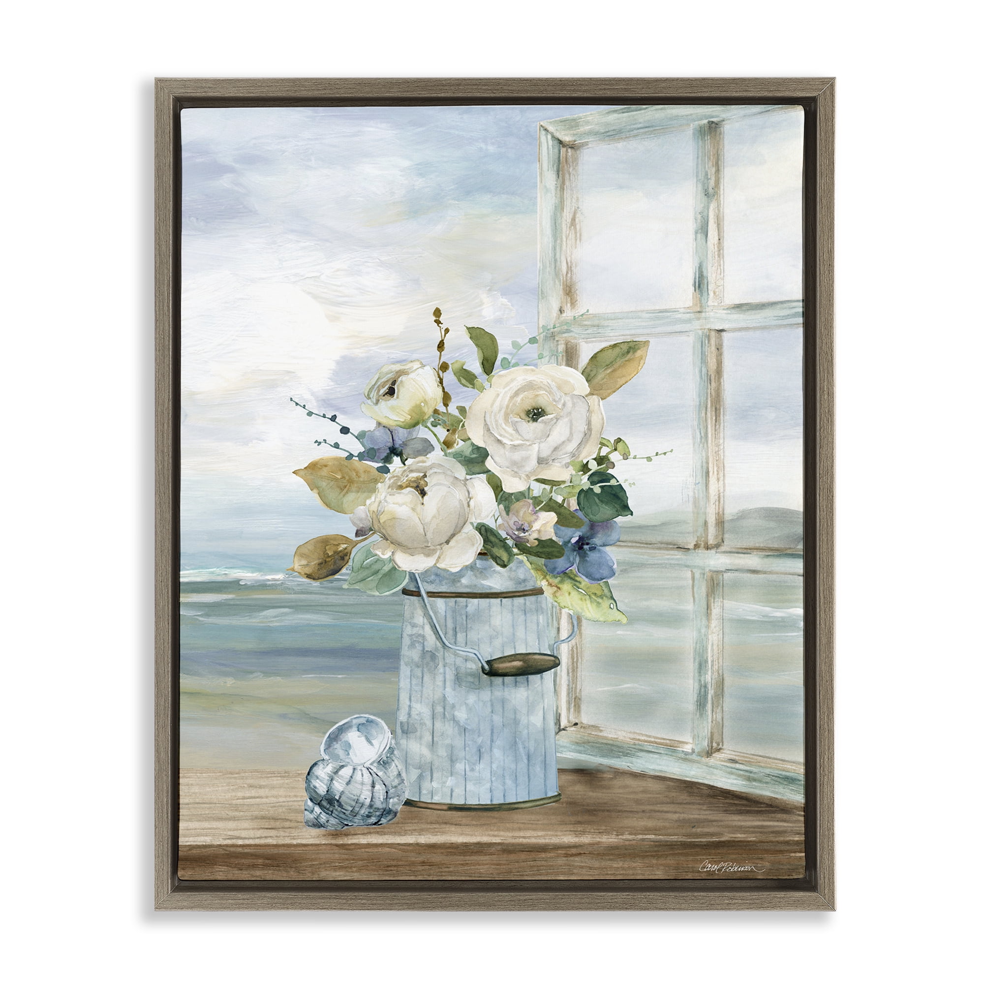 Stupell Industries Seaside Florals on Windowsill Brown Framed Floater Canvas Wall Art, design by Carol Robinson