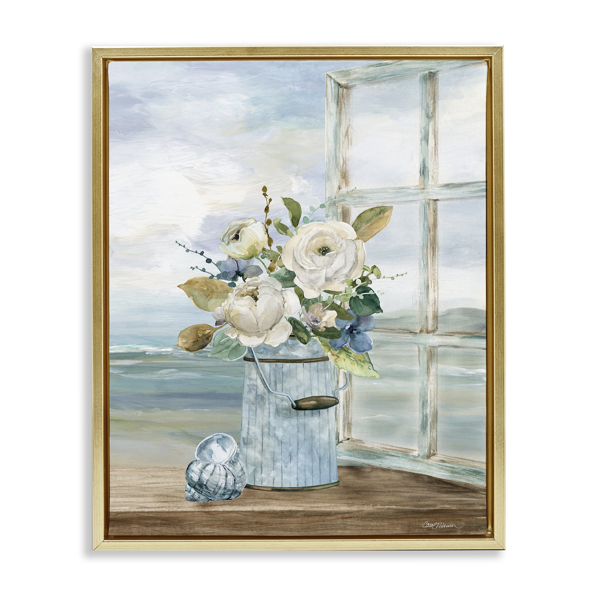Stupell Industries Seaside Florals on Windowsill Gold Framed Floater Canvas Wall Art, design by Carol Robinson