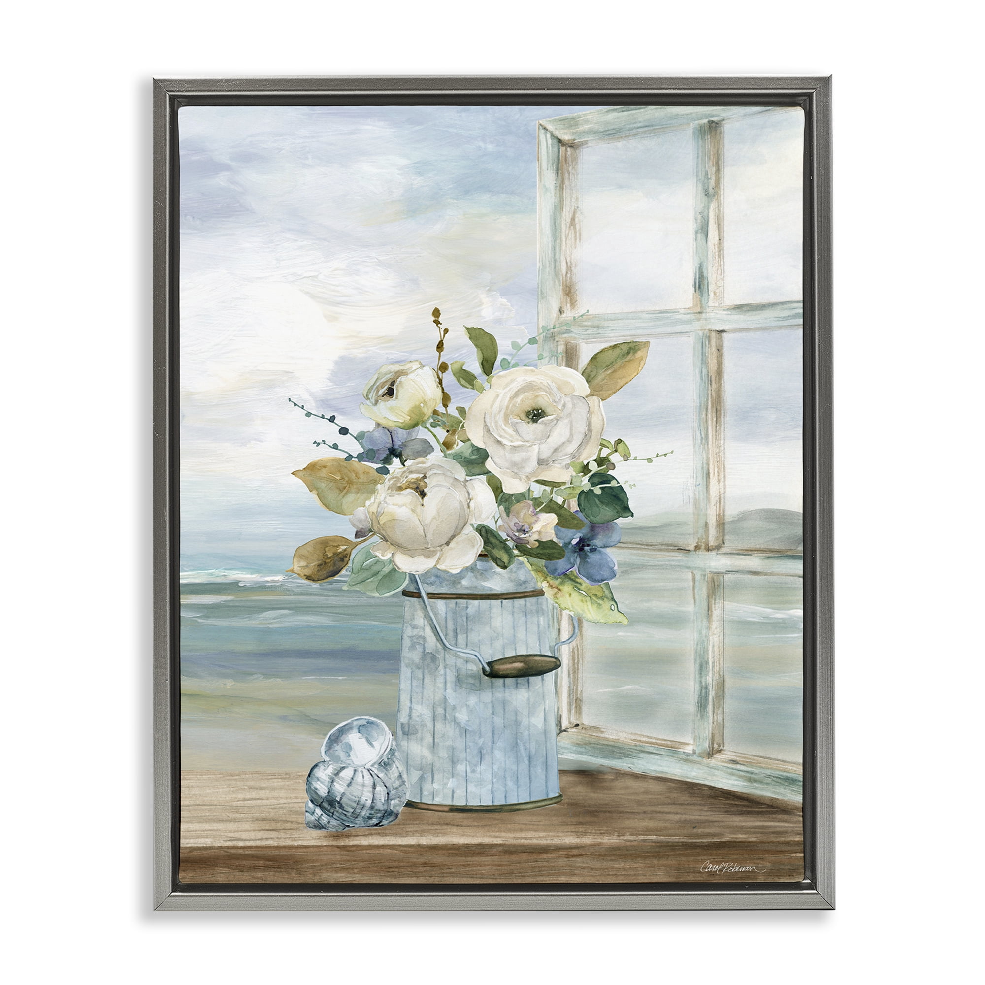 Stupell Industries Seaside Florals on Windowsill Gray Framed Floater Canvas Wall Art, design by Carol Robinson