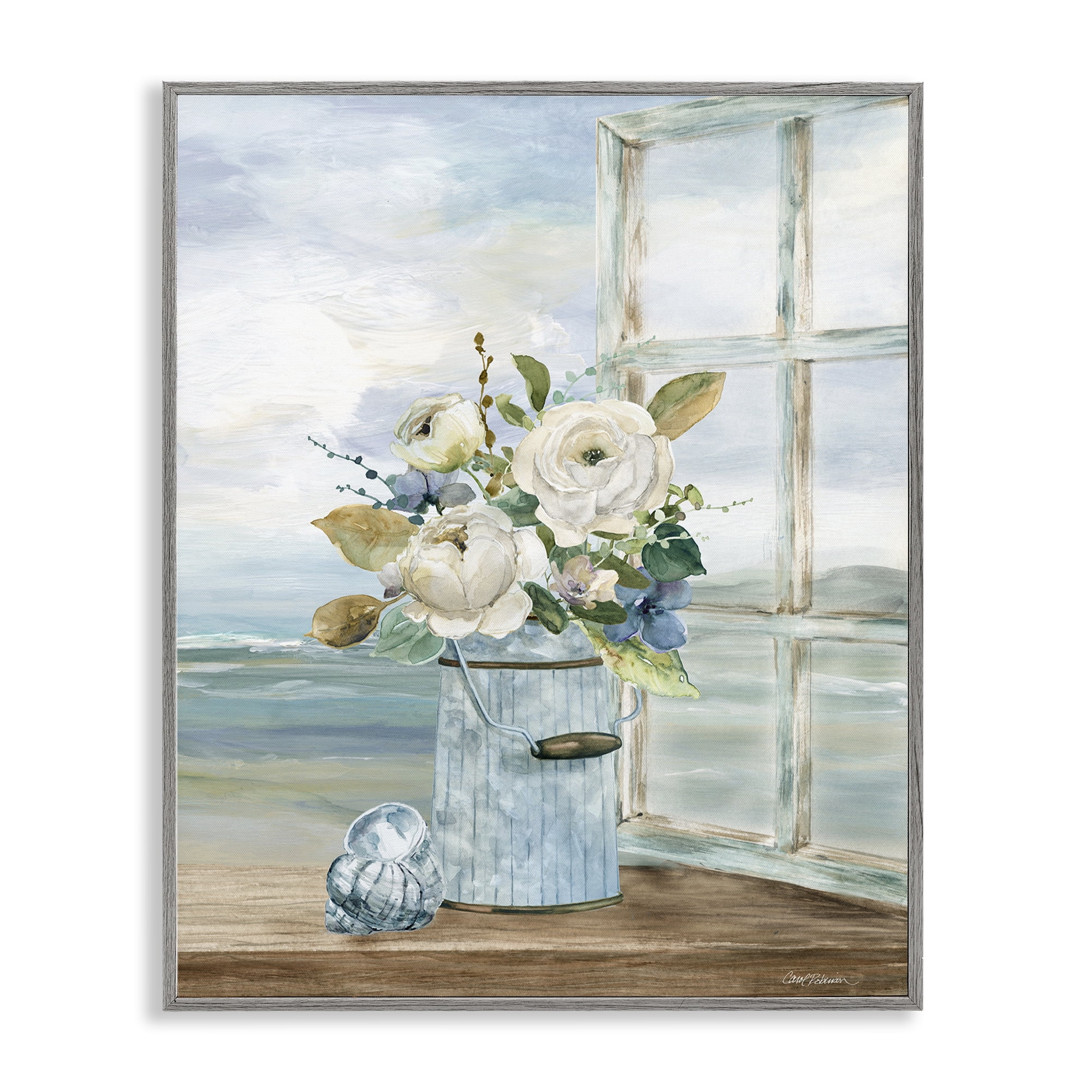 Stupell Industries Seaside Florals on Windowsill Gray Framed Giclee Art, design by Carol Robinson