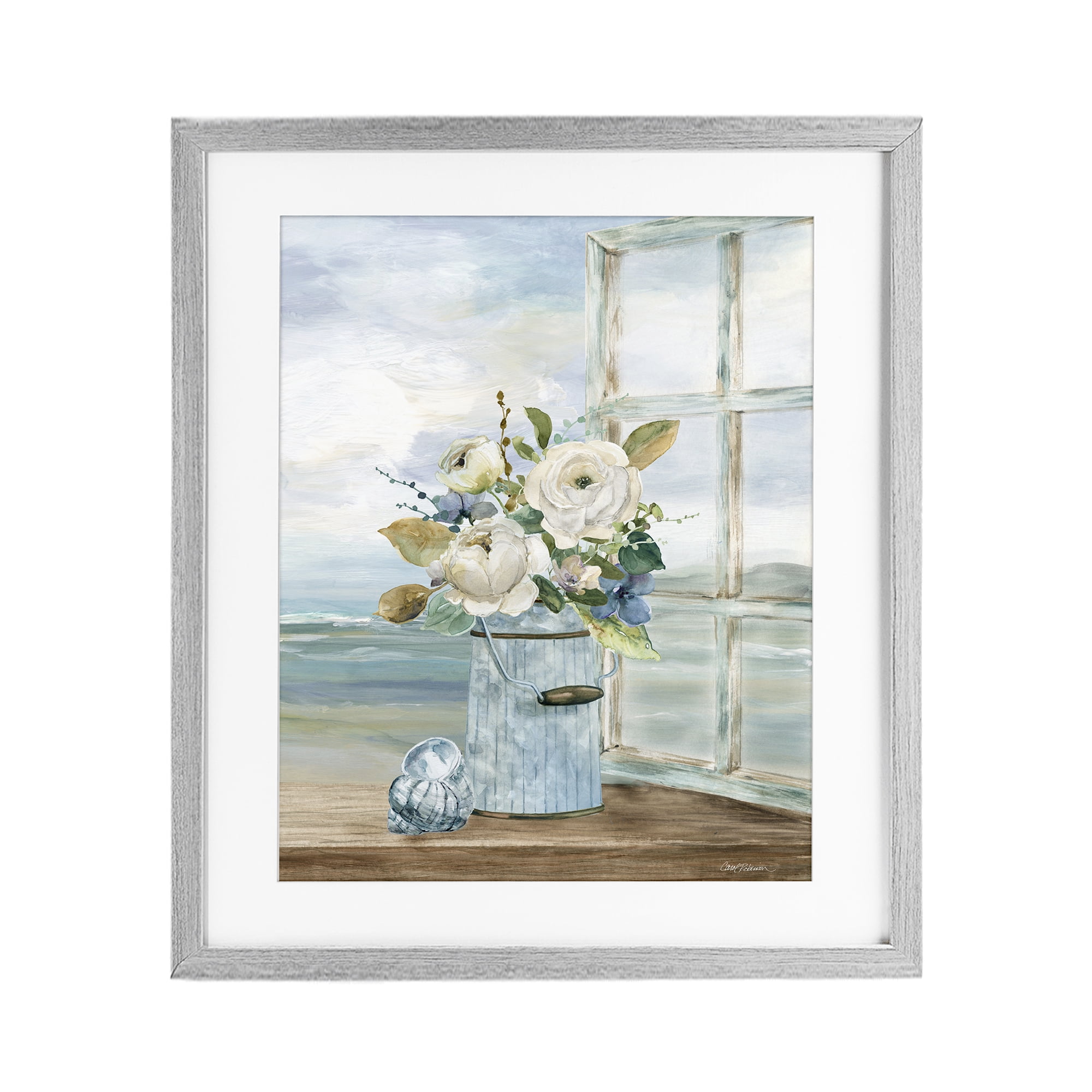 Stupell Industries Seaside Florals on Windowsill Gray Framed Print Under Glass, design by Carol Robinson