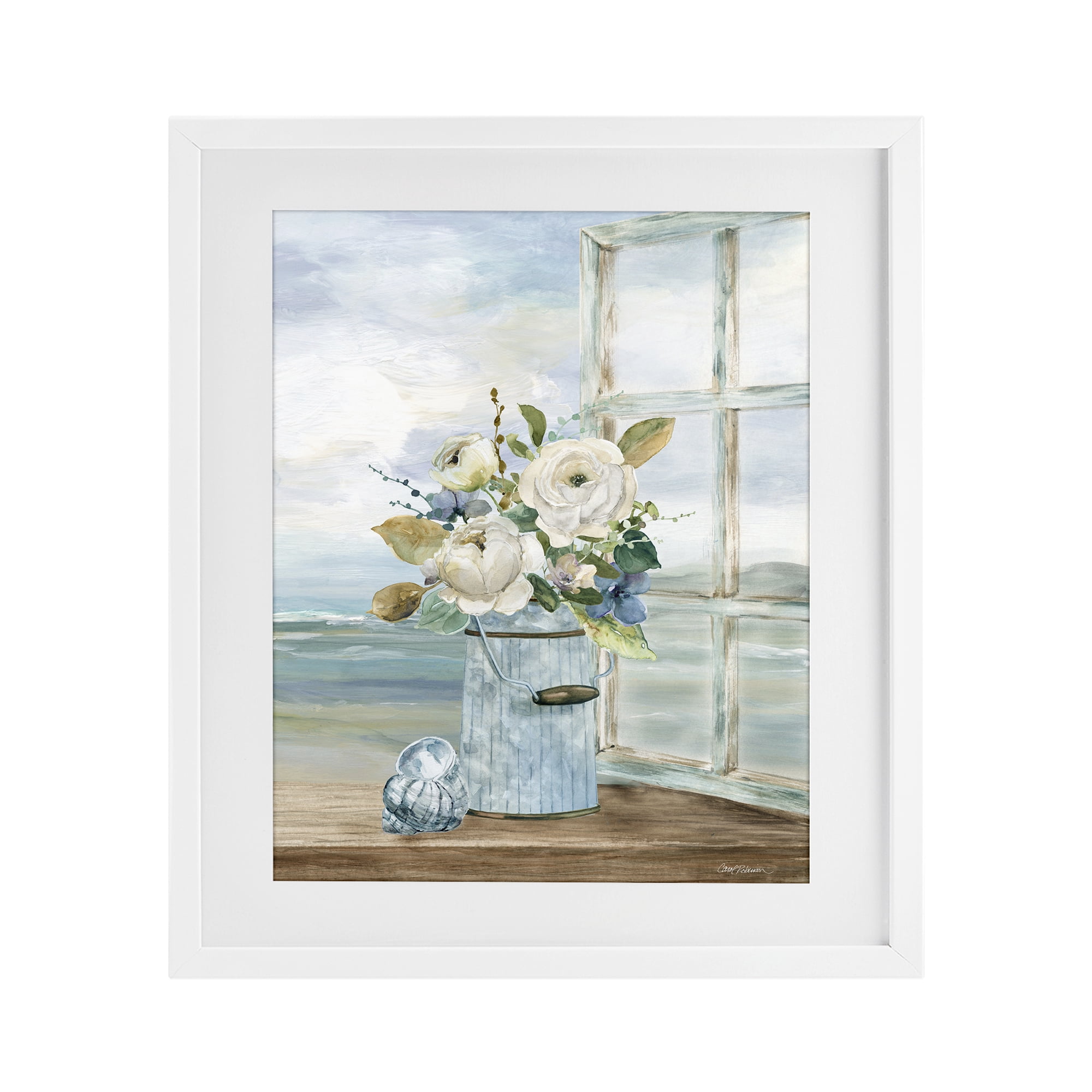 Stupell Industries Seaside Florals on Windowsill White Framed Print Under Glass, design by Carol Robinson