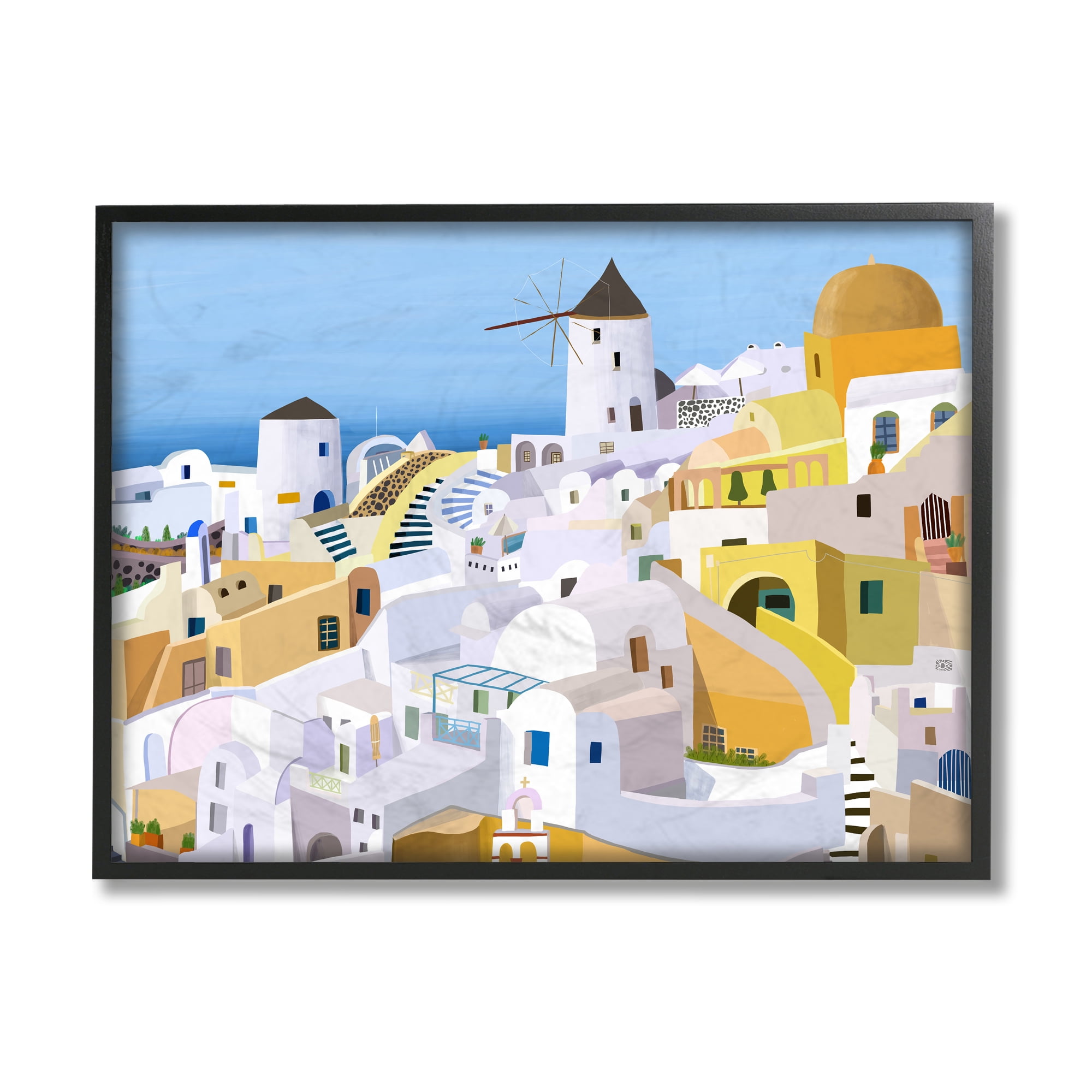 Stupell Industries Seaside Greek Cityscape White Yellow Buildings Black Framed by Carla Daly