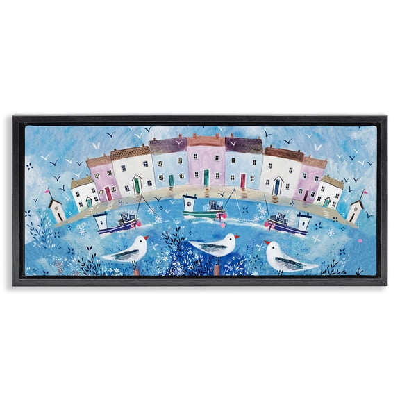 Seaside Harbor Curved Perspective Black Floating Frame Canvas Art, 25 x 11, Made In USA