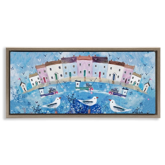 Seaside Harbor Curved Perspective Brown Floating Frame Canvas Art, 31 x 14, Made In USA