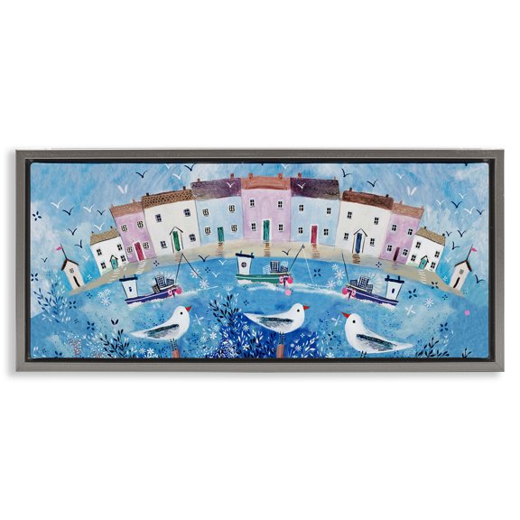 Seaside Harbor Curved Perspective Gray Floating Frame Canvas Art, 25 x 11, Made In USA