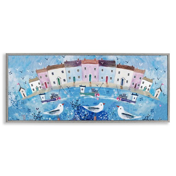 Seaside Harbor Curved Perspective Gray Framed Giclee Art, 24 x 10, Made In USA