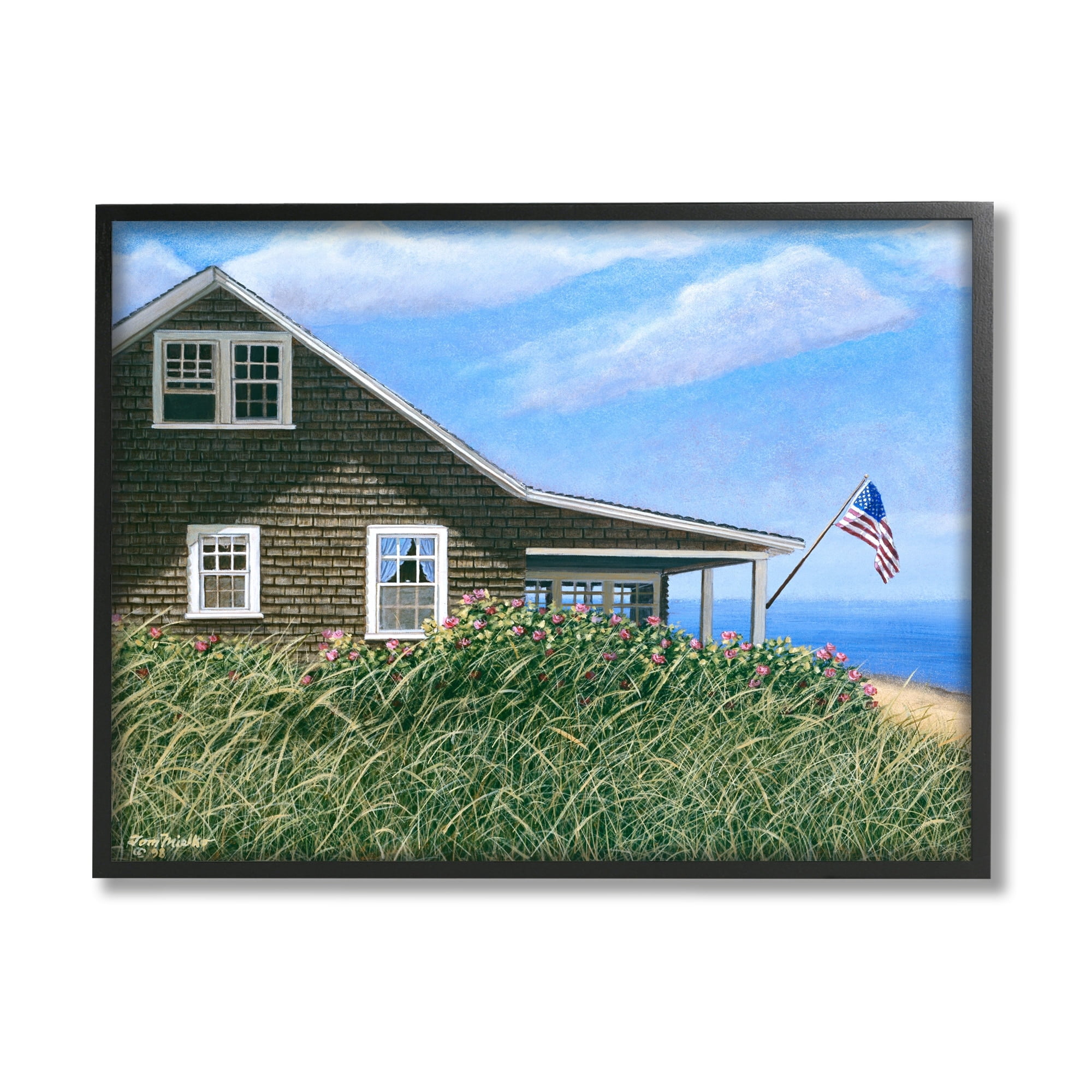 Stupell Industries Seaside House American Flag Peaceful Coastal Home Painting Black Framed Art Print Wall Art, Design by Tom Mielko