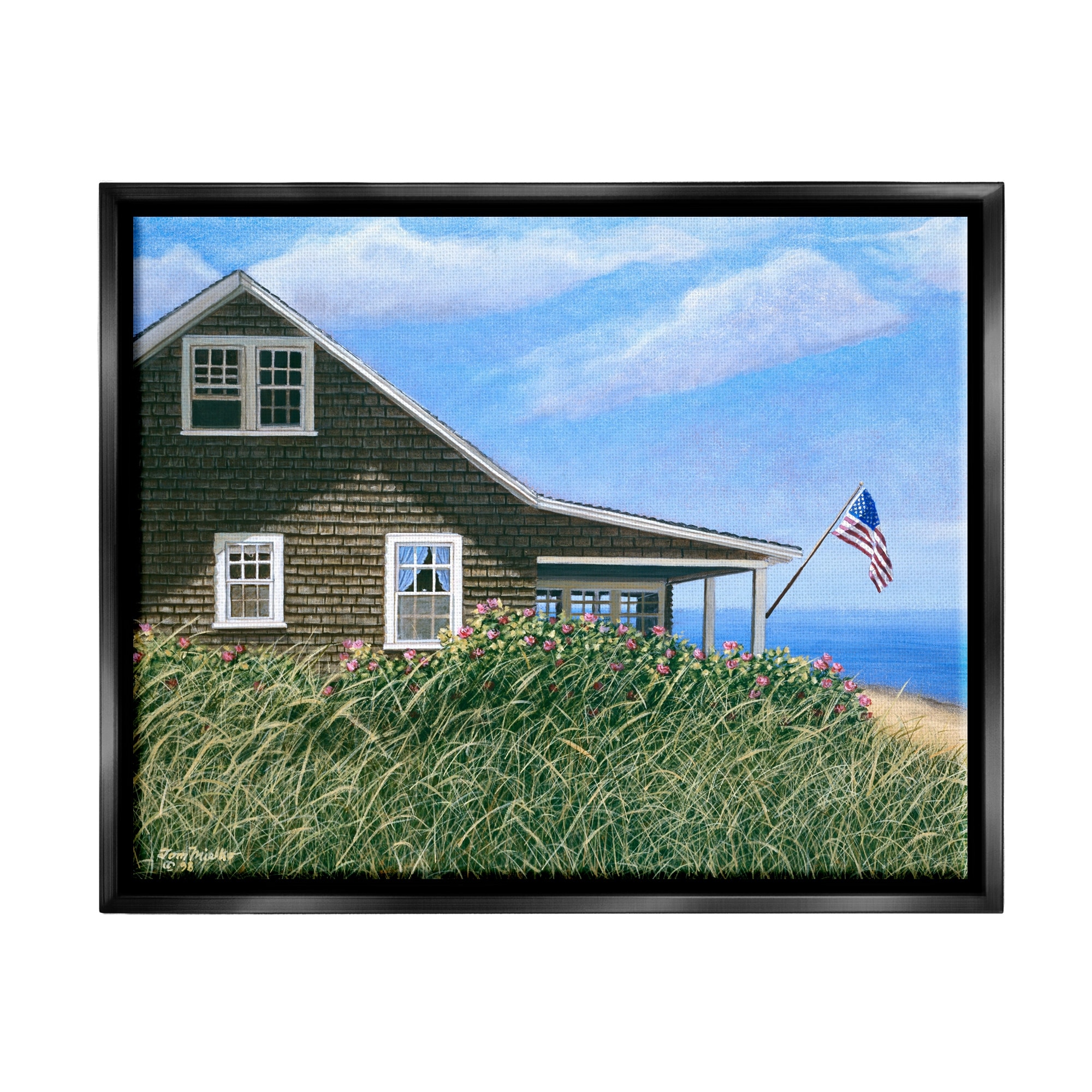 Stupell Industries Seaside House American Flag Peaceful Coastal Home Painting Jet Black Floating Framed Canvas Print Wall Art, Design by Tom Mielko