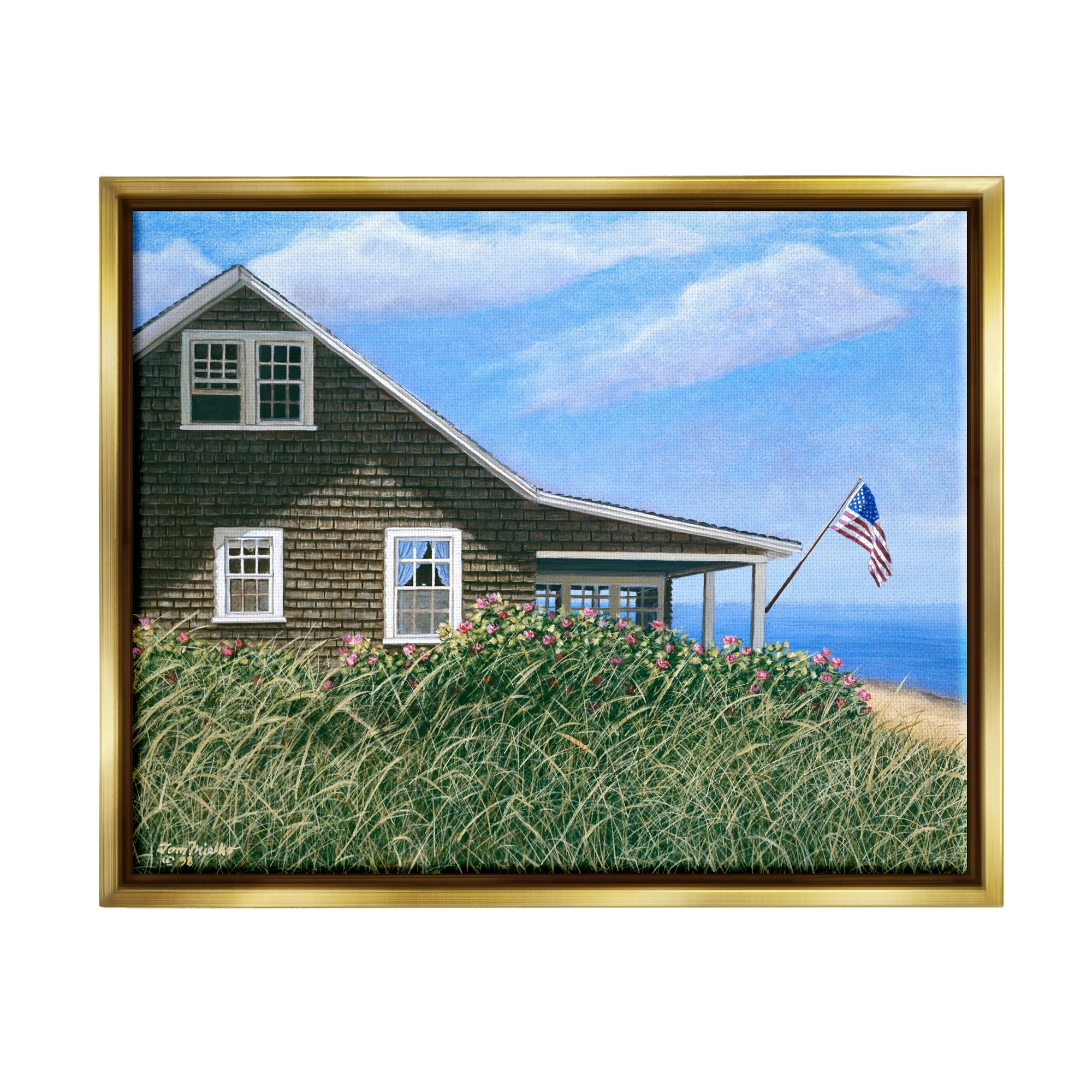 Stupell Industries Seaside House American Flag Peaceful Coastal Home Painting Metallic Gold Floating Framed Canvas Print Wall Art, Design by Tom Mielko