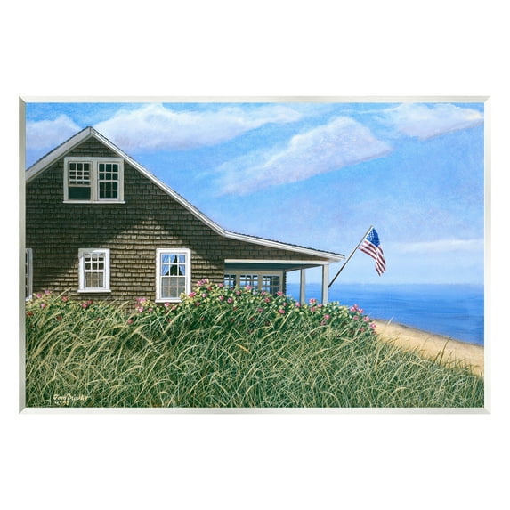 Stupell Industries Seaside House American Flag Peaceful Coastal Home Painting Unframed Art Print Wall Art, Design by Tom Mielko